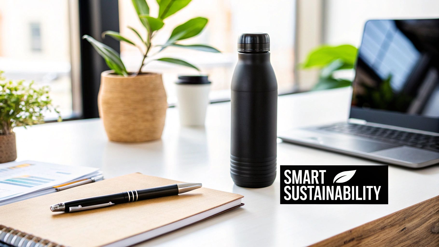 A minimalist and sustainable office desk setup with a reusable water bottle, plant, laptop, and notebook.