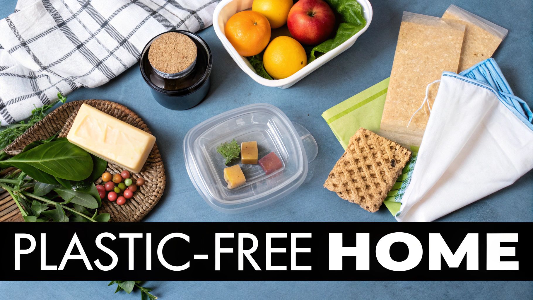 A variety of plastic-free home essentials, including fresh produce, reusable containers, and cloths on a blue surface.