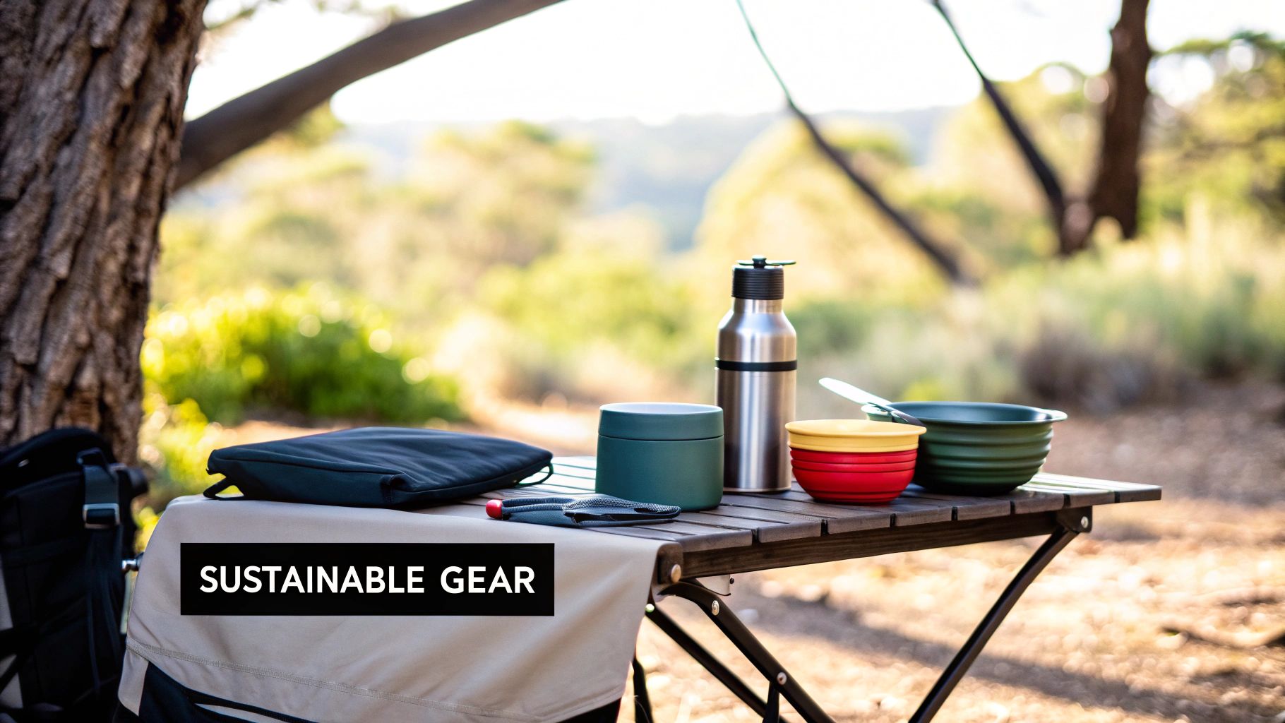 Sustainable camping gear, including a water bottle, food container, and colorful bowls on a wooden table outdoors.