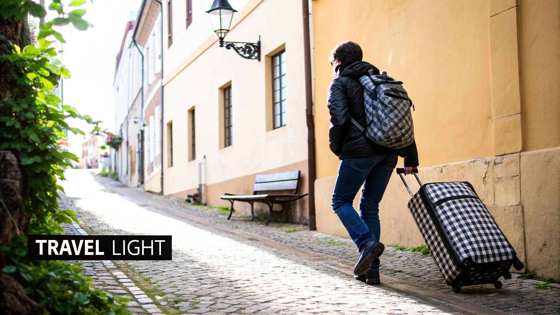 A person pulls a checkered suitcase and wears a matching backpack while walking up a cobblestone street.
