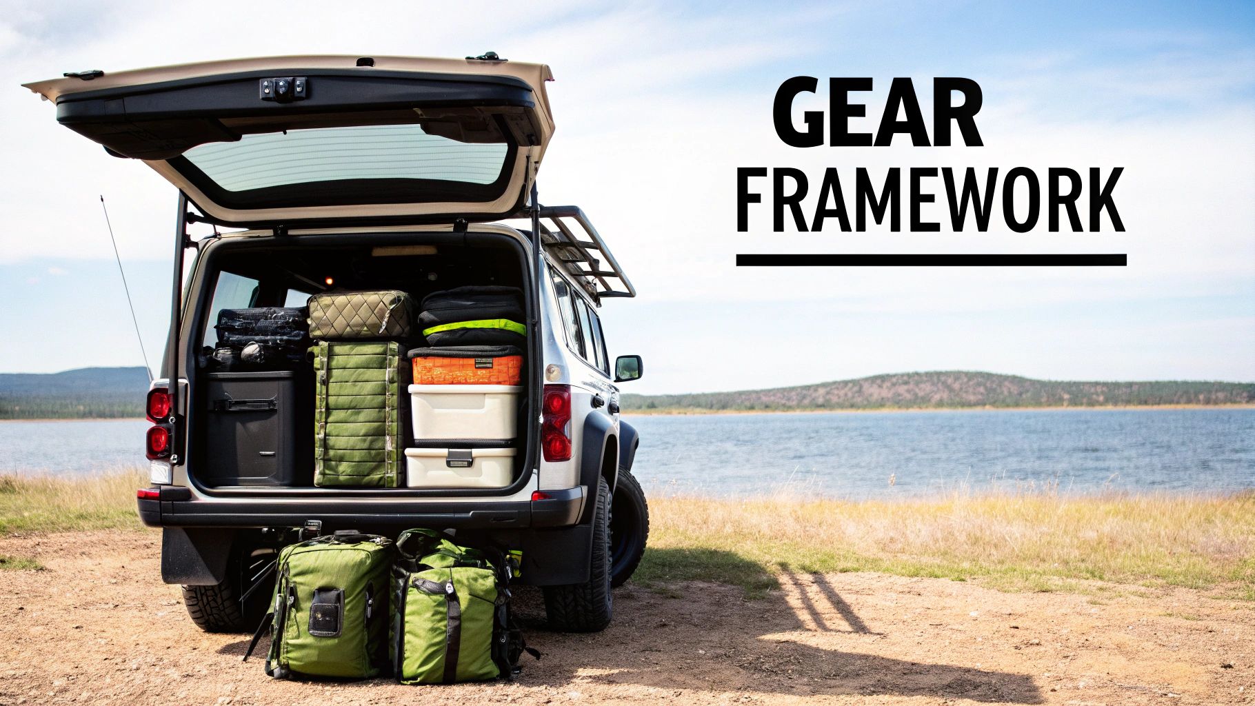 SUV rear cargo area packed with organized camping gear and equipment by lakeside for overlanding adventure
