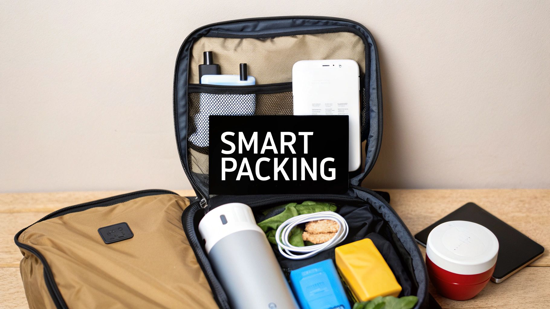An open travel bag displaying a 'SMART PACKING' sign, revealing a neatly organized assortment of toiletries, tech, and snacks.