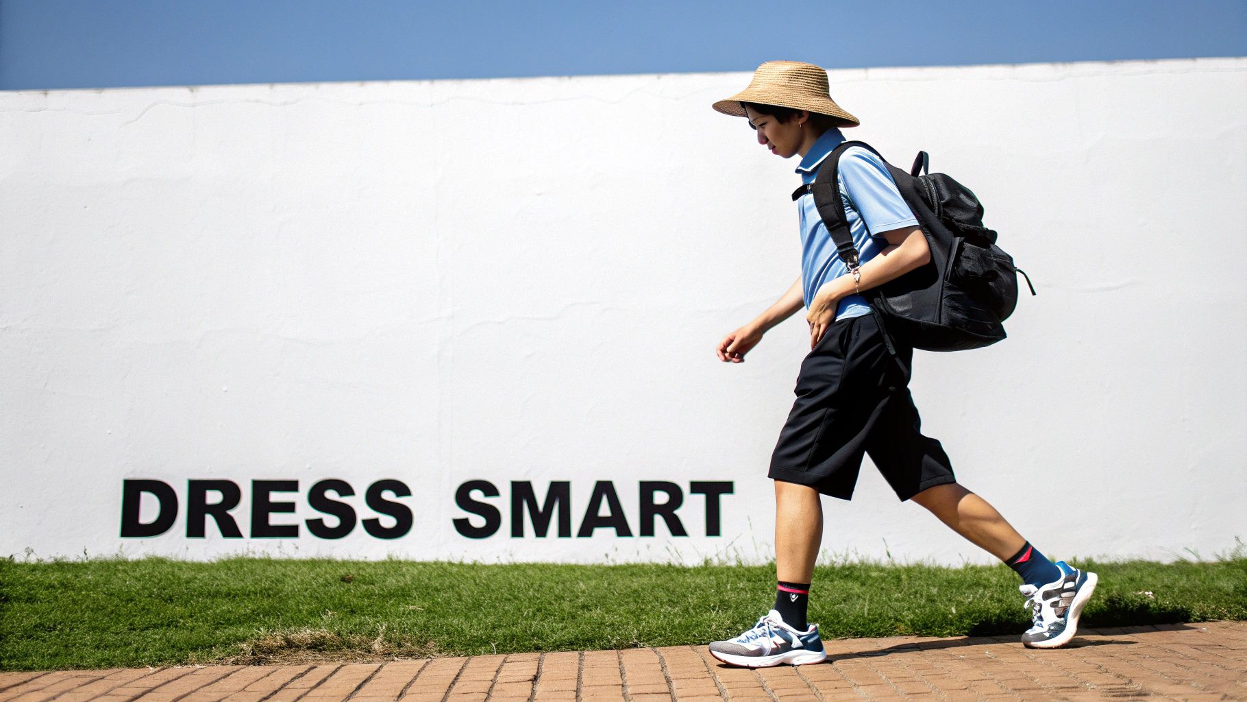 A young person wearing a straw hat, blue polo, and black shorts walks past a wall with 'DRESS SMART' written on it.