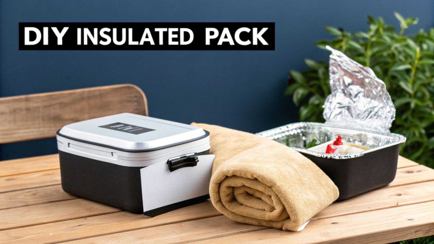 Someone wrapping a food container in aluminum foil, with a towel nearby, getting ready for travel.