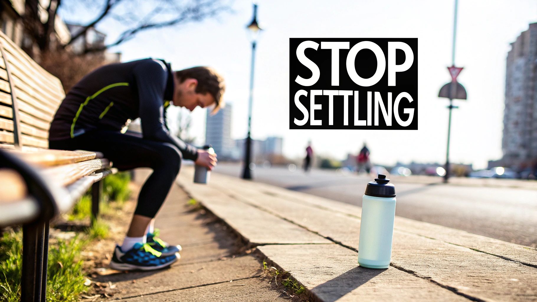 A tired runner rests on a park bench, holding a water bottle, with another bottle nearby.