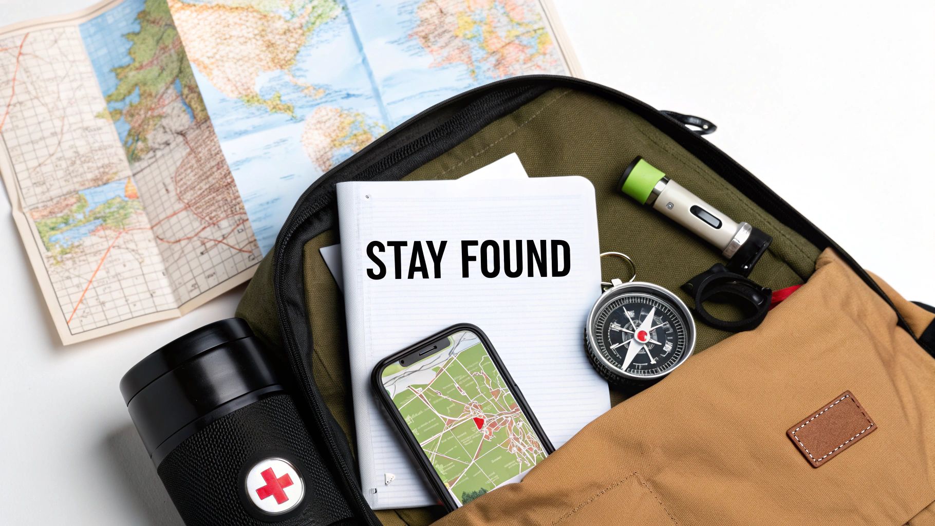 A backpack with hiking essentials including a map, compass, phone, and notebook with 'STAY FOUND'.