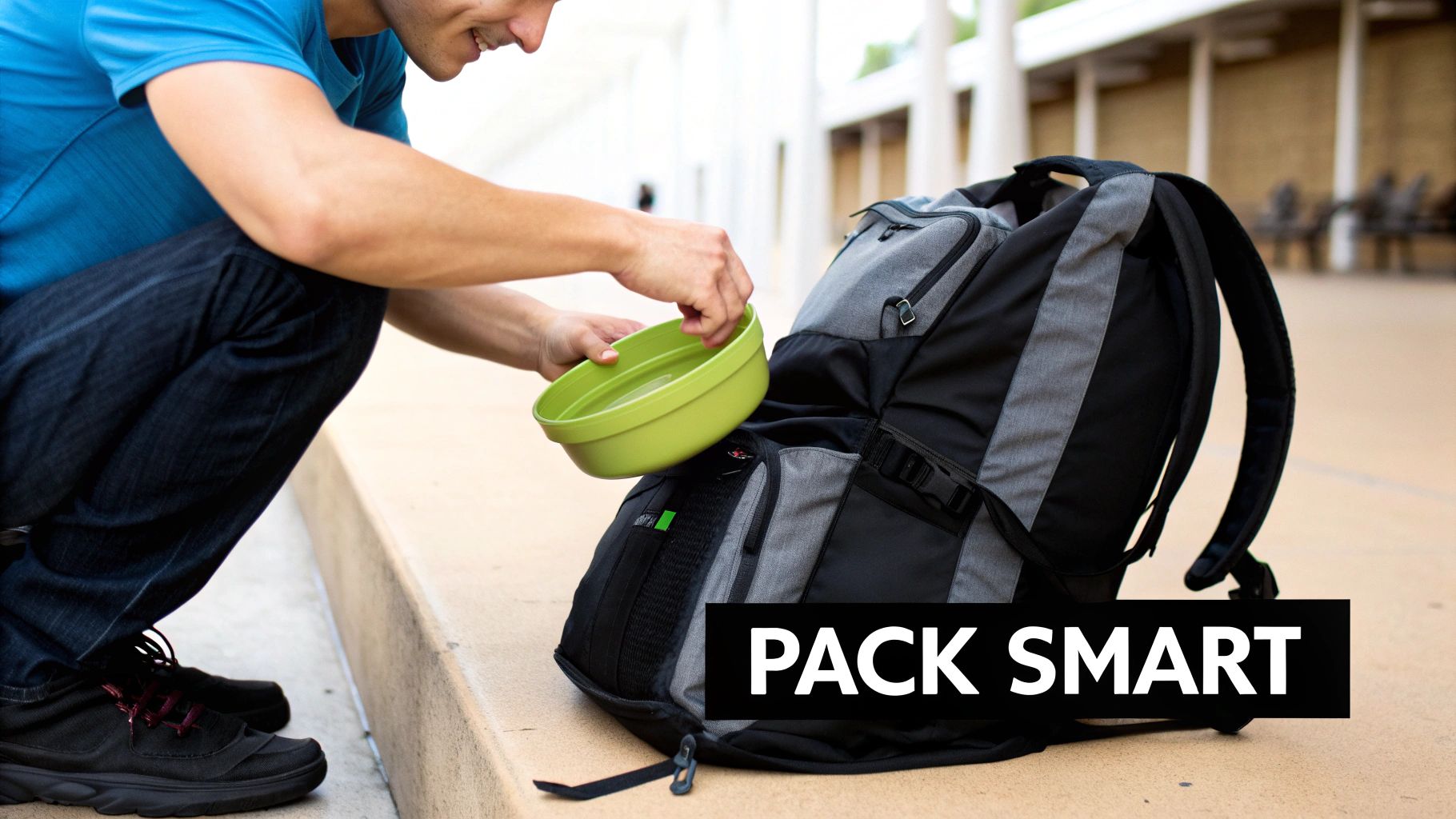 A man packs a green reusable container into a black and gray backpack outdoors, with "PACK SMART" text.