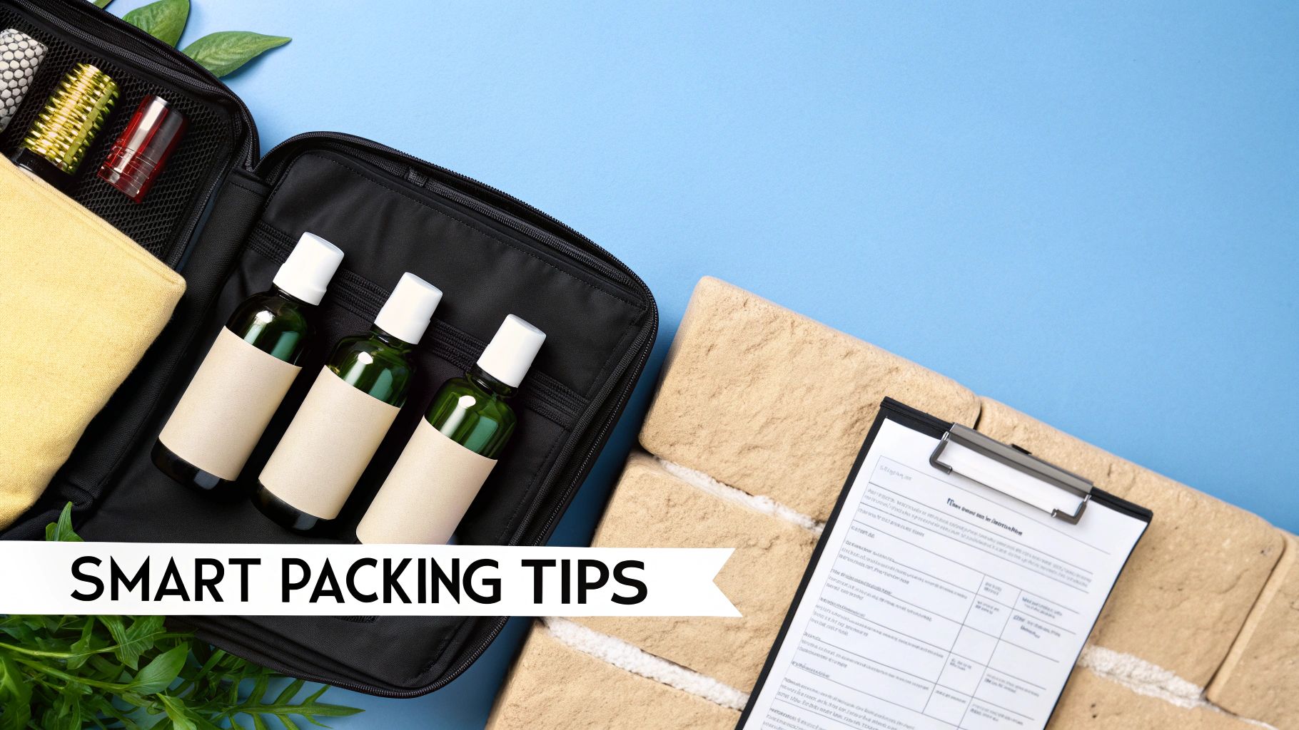 A well-organized travel bag with toiletries neatly packed in leak-proof bottles.
