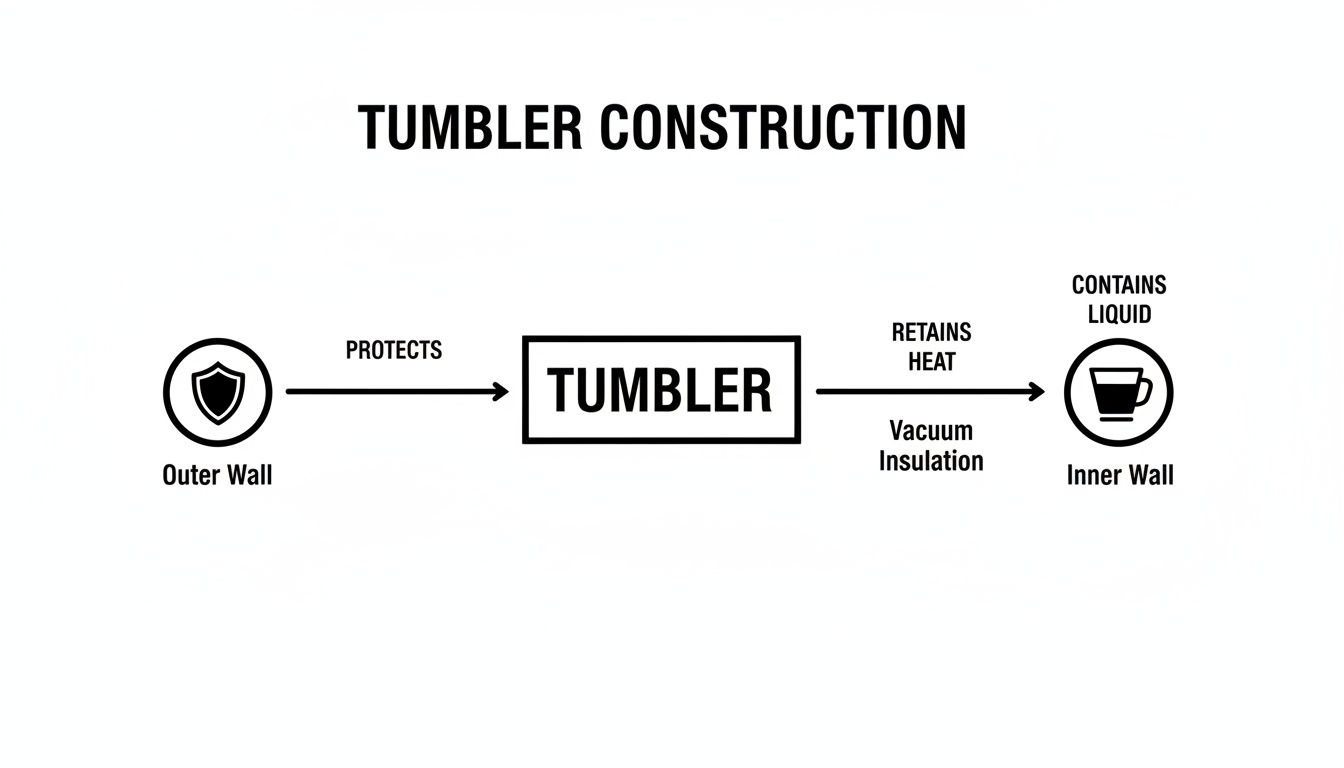 Diagram explaining tumbler construction with outer wall for protection, inner wall, and vacuum insulation for heat.