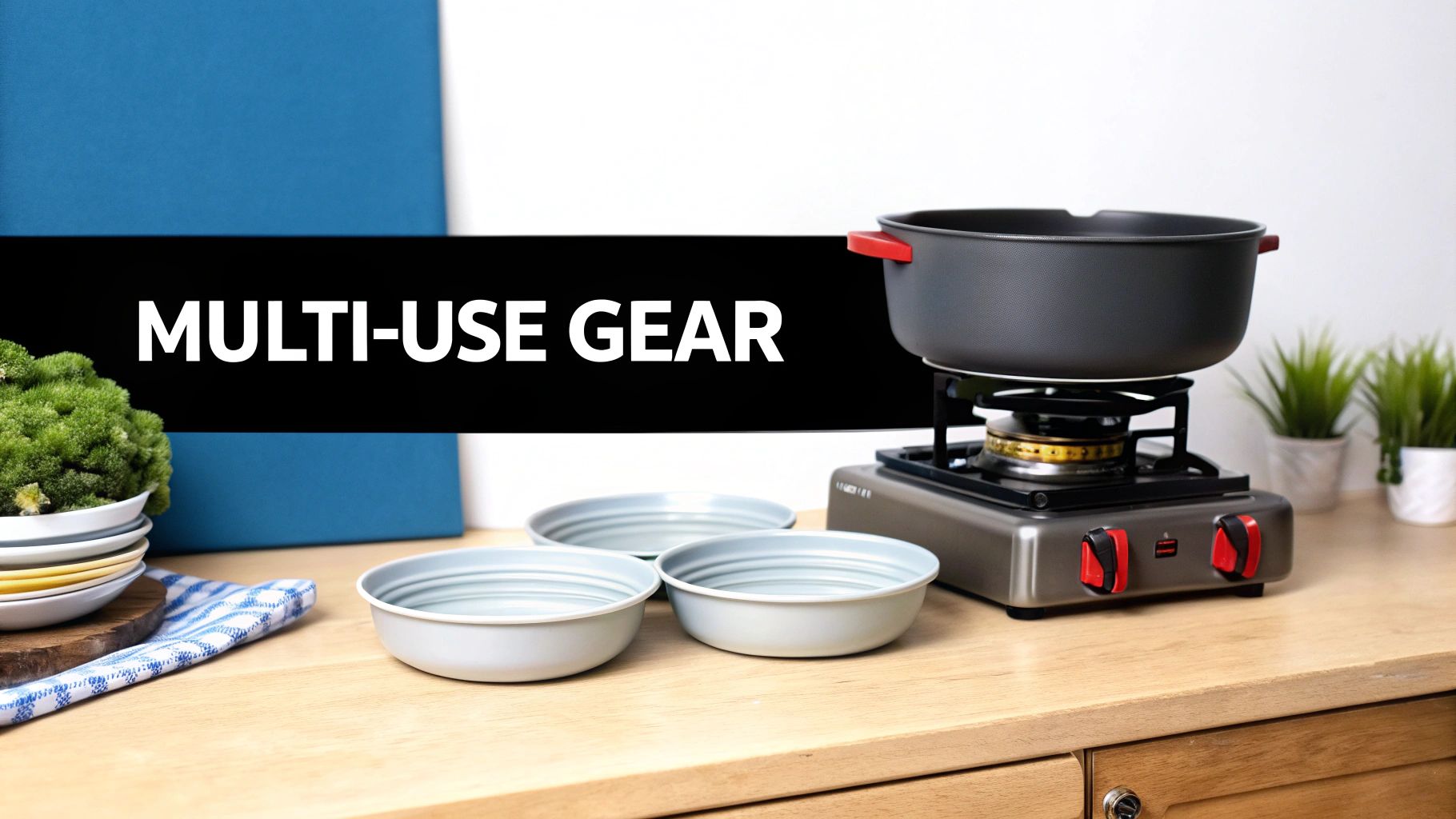 A minimalist kitchen counter displaying a portable gas stove, a dark cooking pot, and light blue bowls, highlighted by "MULTI-USE GEAR" text.