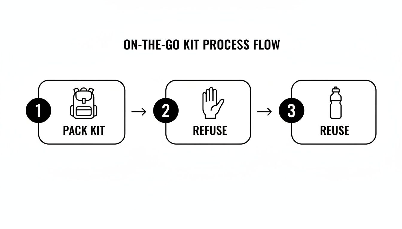 Process flow showing steps to reduce single-use plastic: pack a kit, refuse, and reuse items.