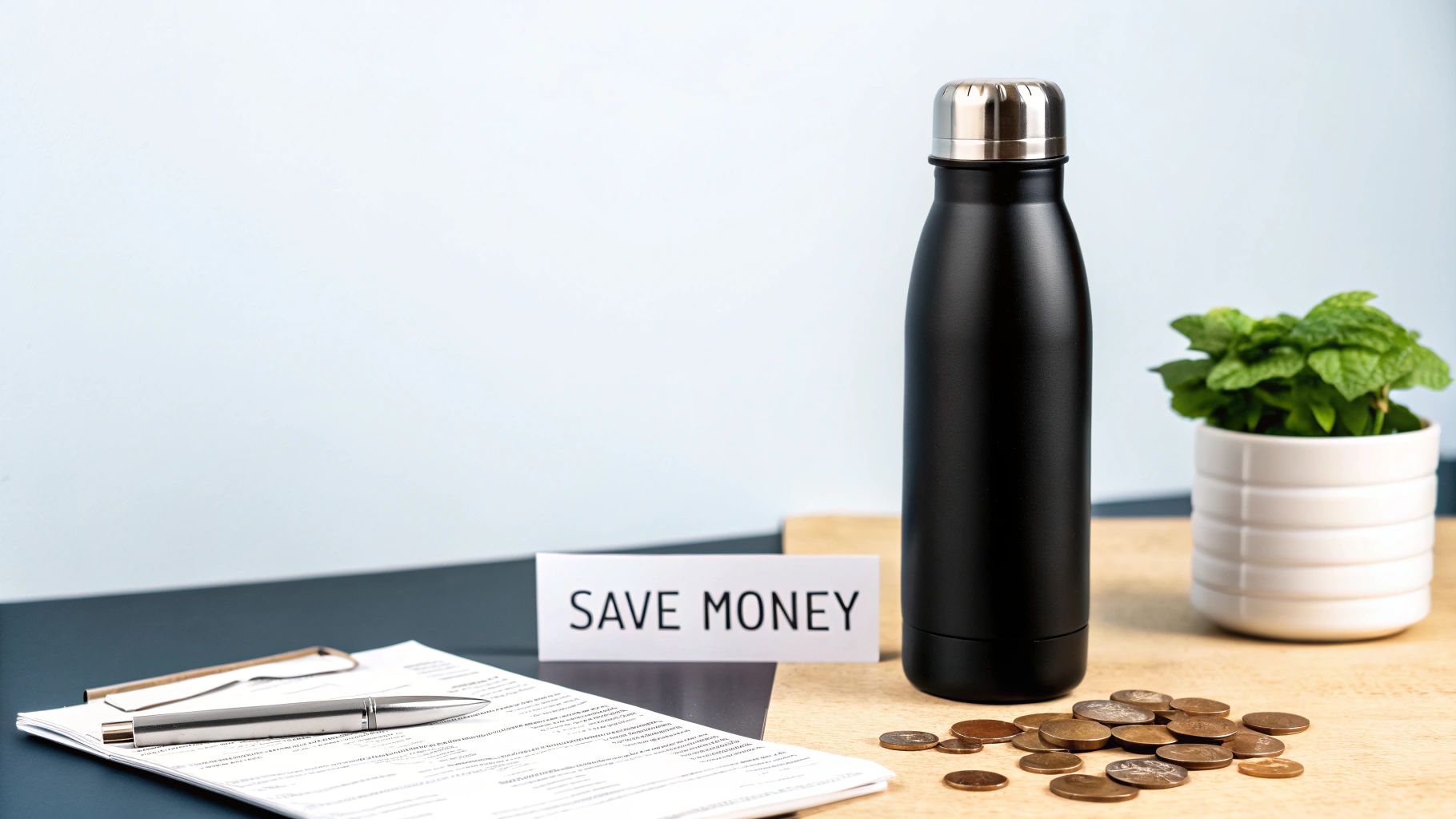 A black reusable water bottle, coins, a plant, and a 'SAVE MONEY' sign on a wooden desk.