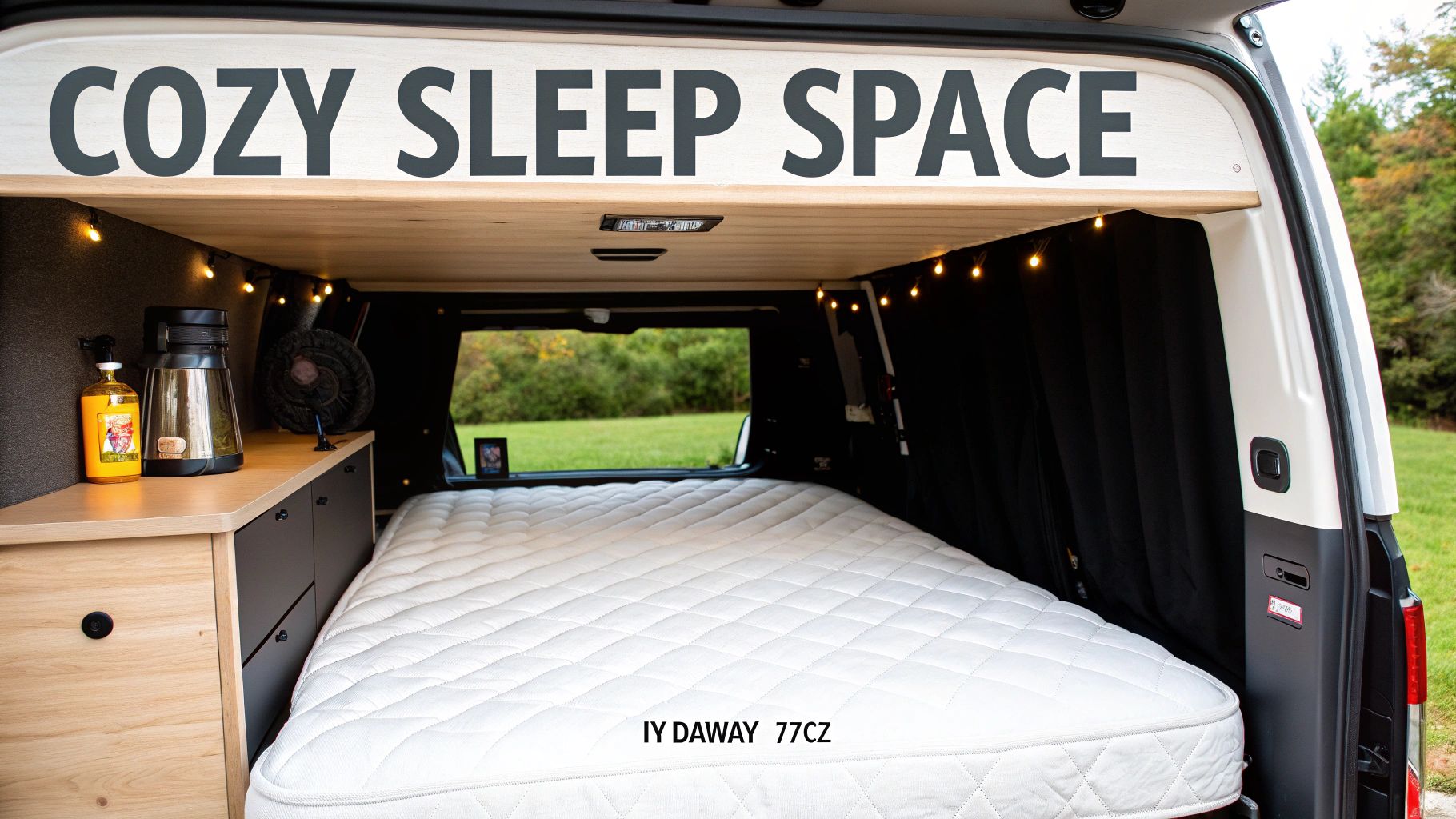 A cozy camper van interior with a comfortable mattress, string lights, and a small kitchen setup.