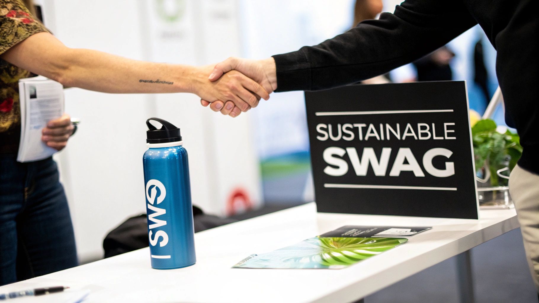Two people shake hands over a table featuring a blue water bottle and a 'SUSTAINABLE SWAG' sign.