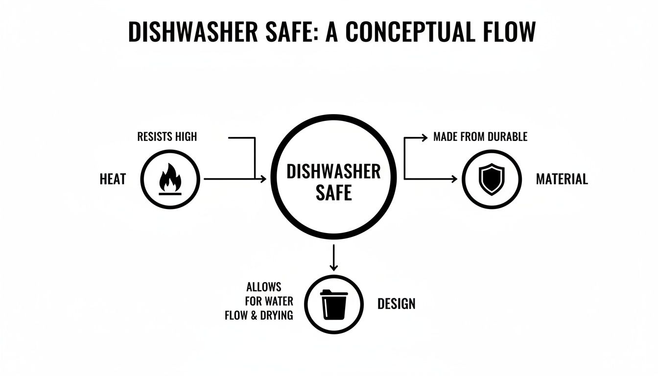 Diagram explaining dishwasher safe characteristics: high heat resistance, durable material, and design for water flow.