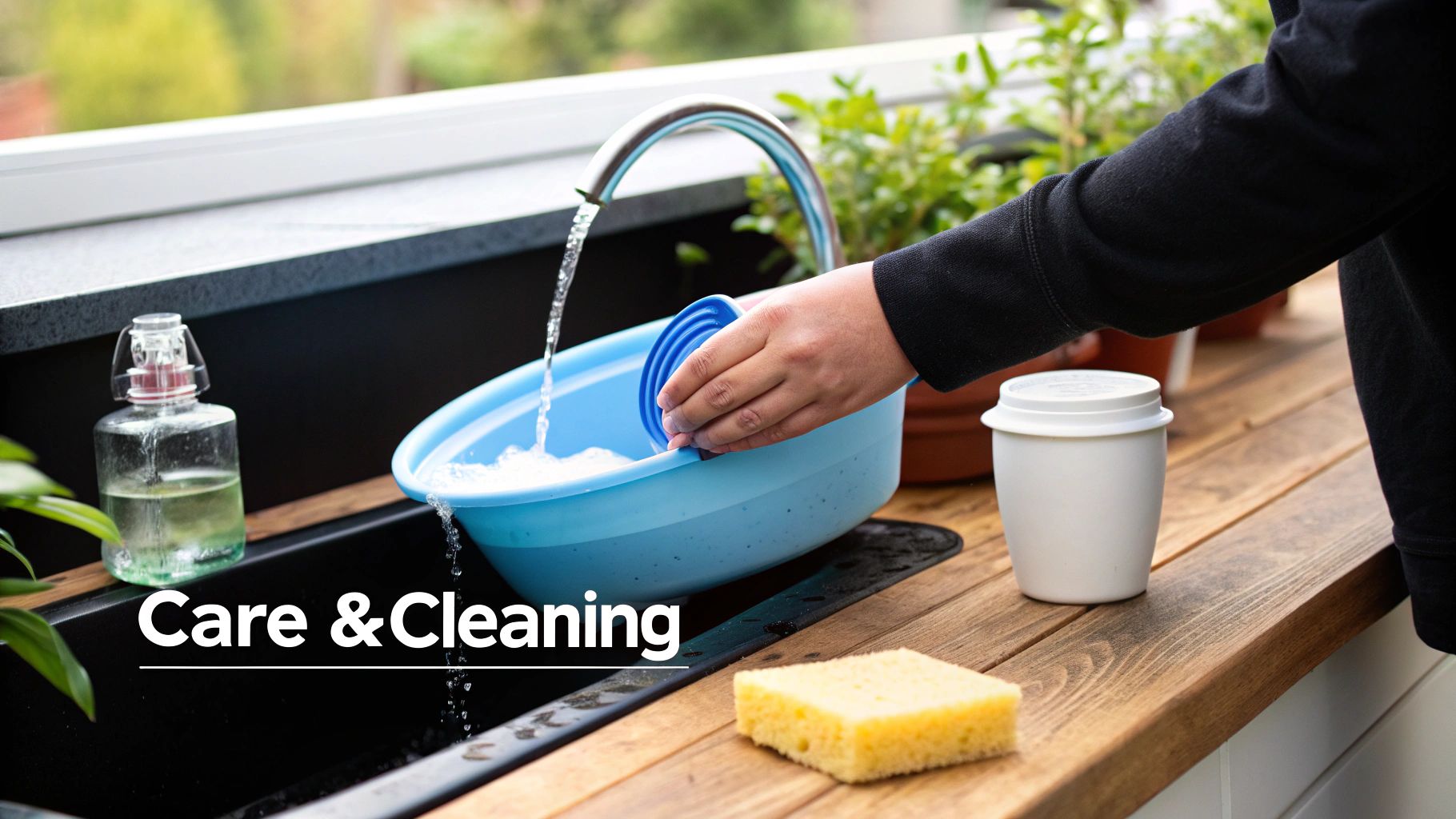 A person's hand washes a blue collapsible silicone bowl under a kitchen faucet.
