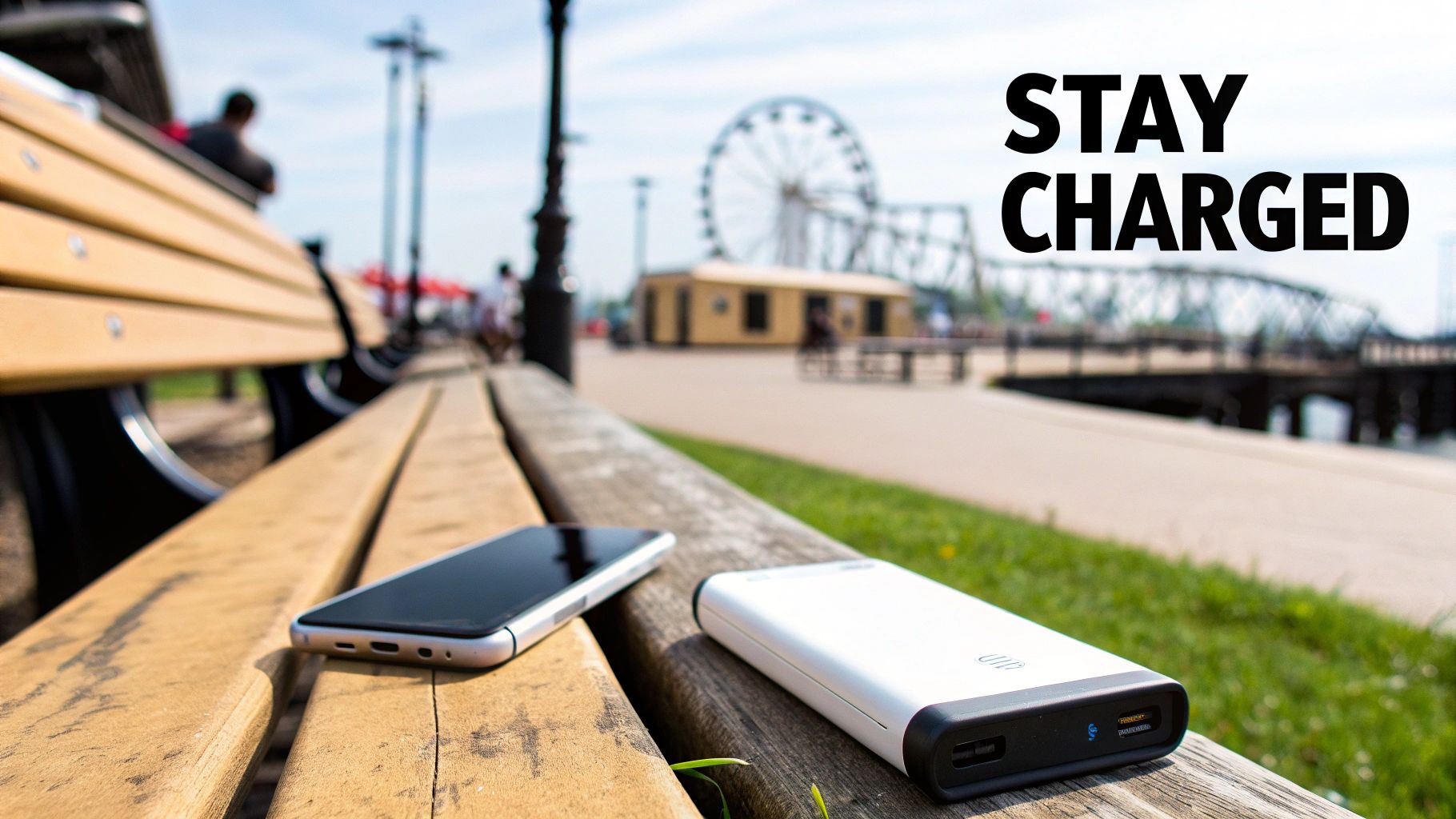 Portable power bank charging smartphone on park bench near amusement park ferris wheel