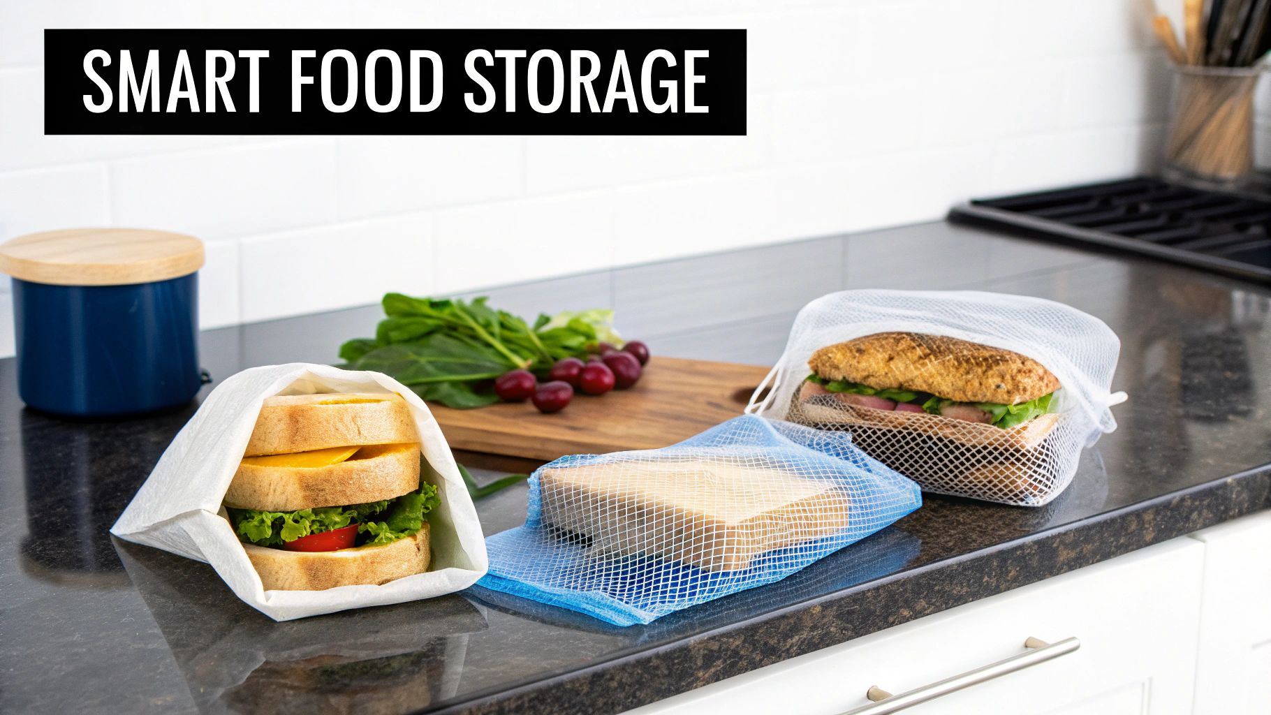 Two sandwiches and cheese in reusable mesh and fabric bags on a kitchen counter, promoting smart food storage.