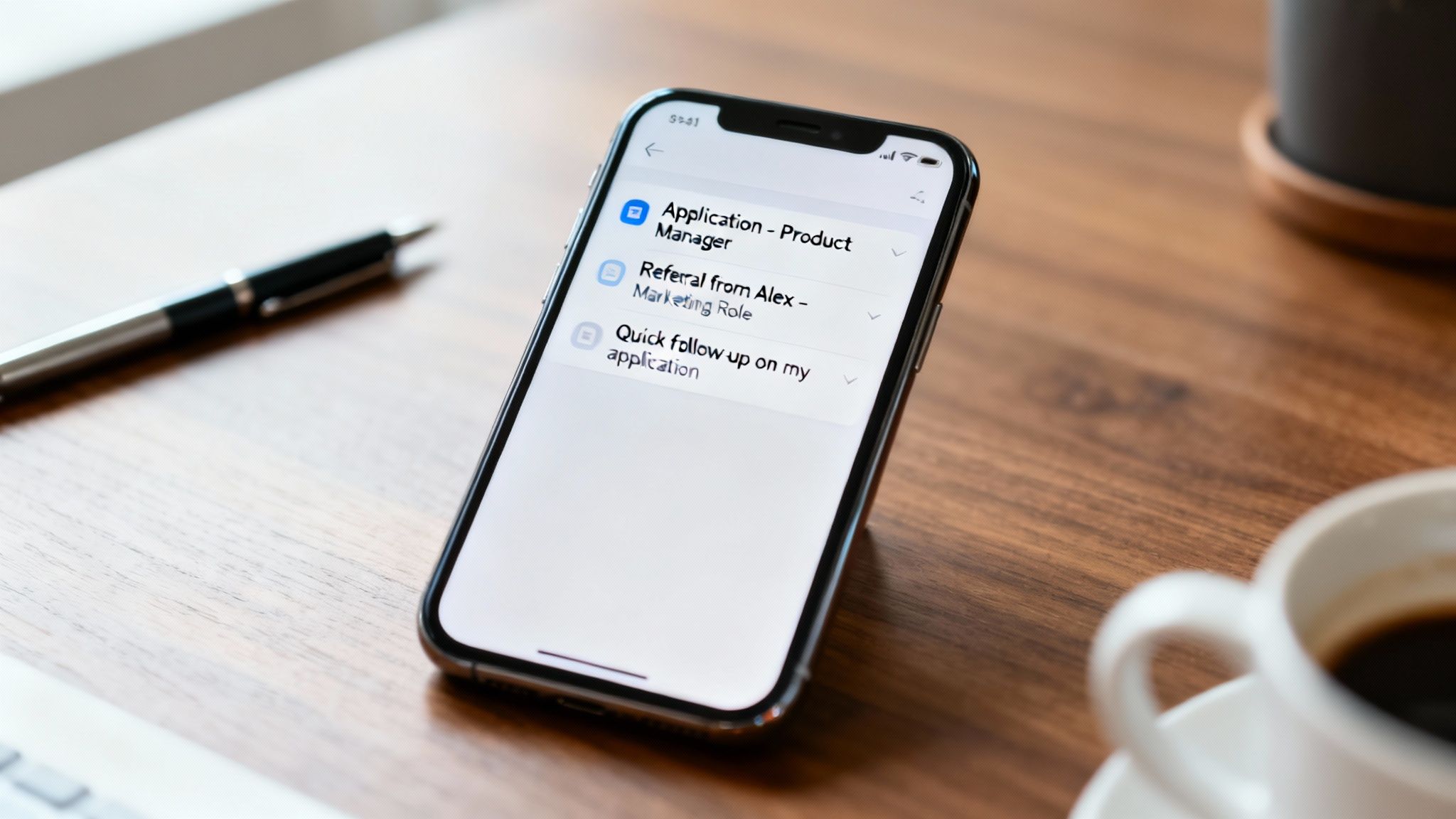 An iPhone displaying emails related to job applications and follow-ups on a wooden desk with office items.