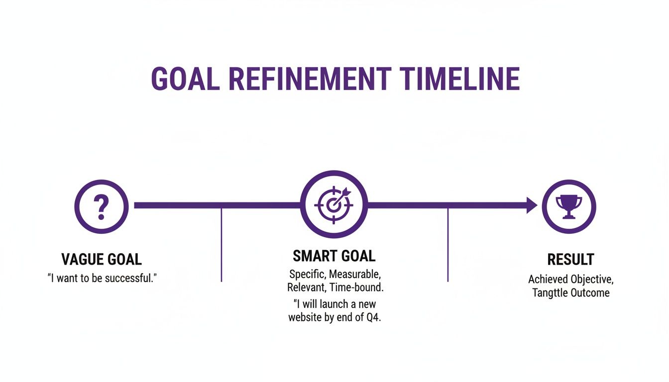 Timeline illustrating goal refinement from vague aspirations to specific SMART goals and achieved results.