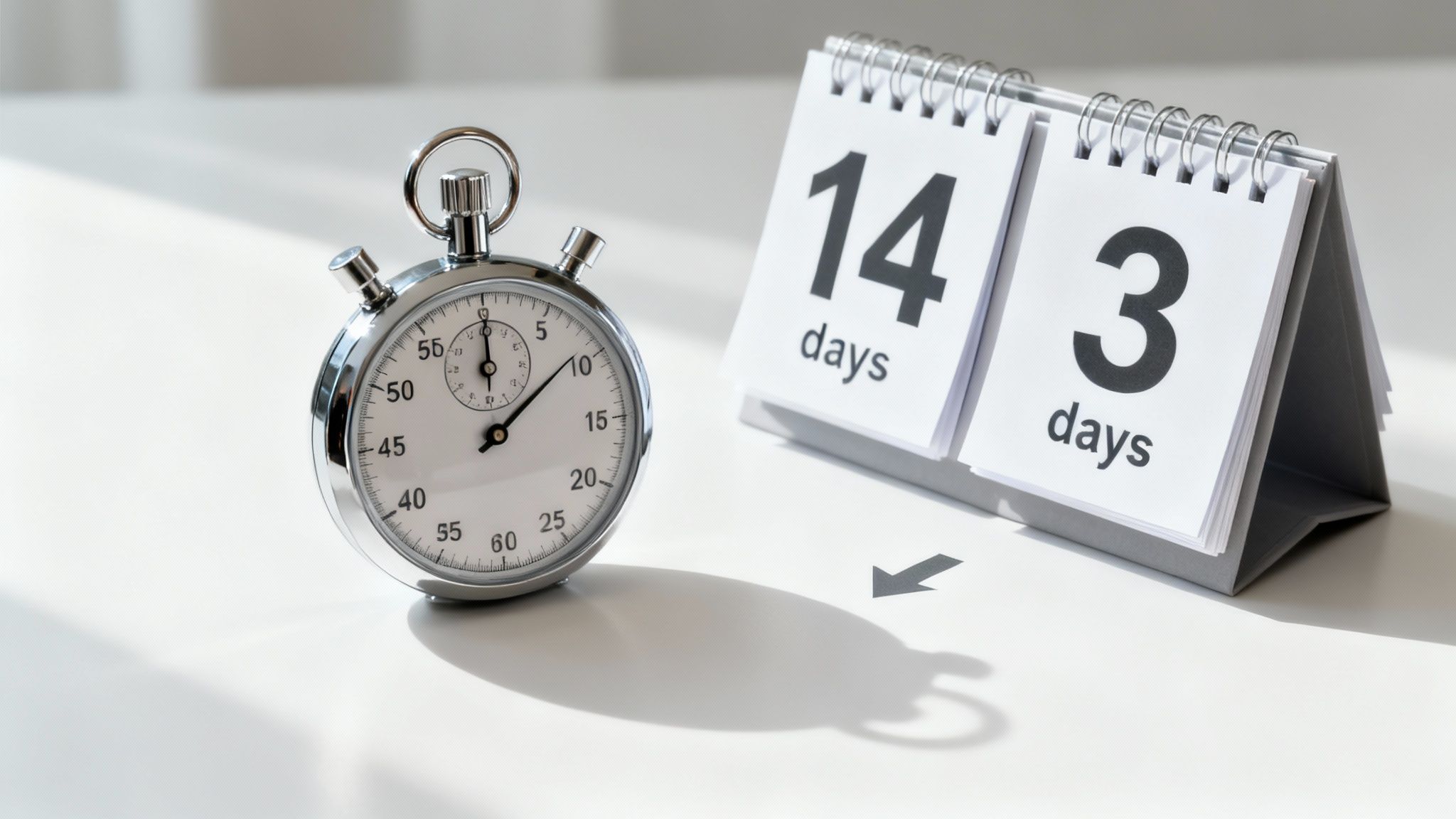 A silver stopwatch sits beside a desk calendar showing '14 days' and '3 days', with a black arrow indicating a countdown.