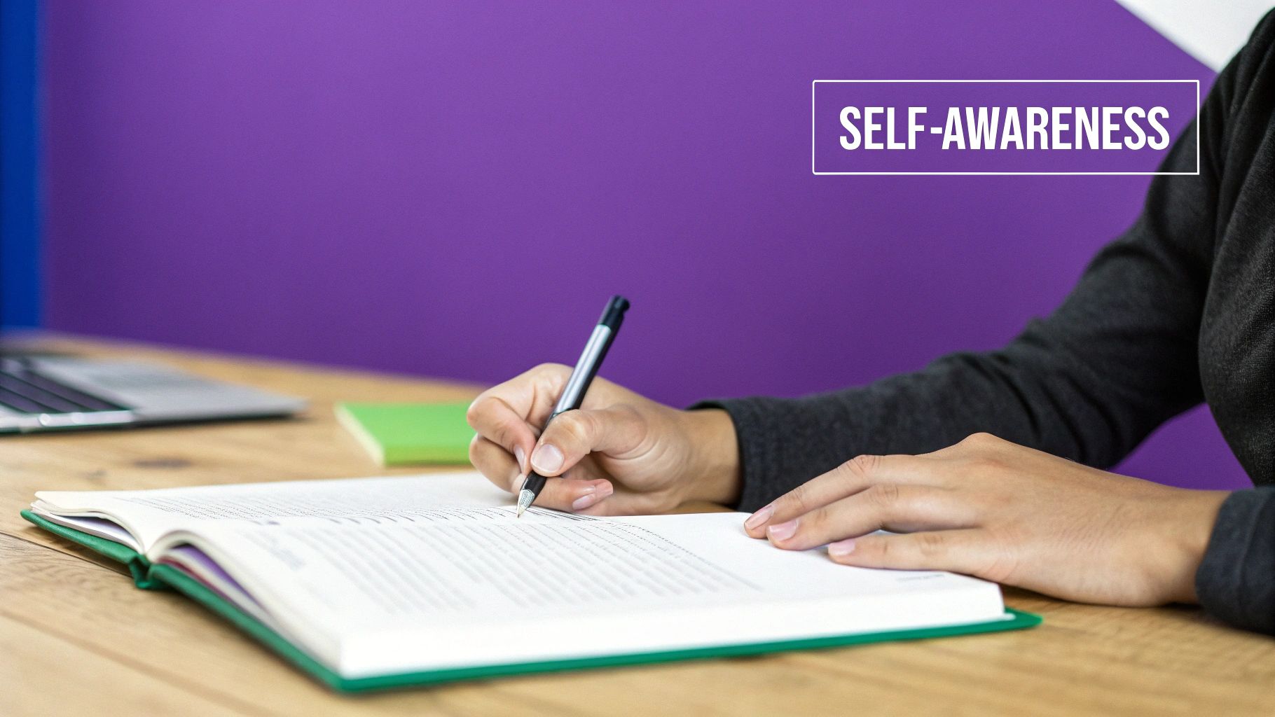Woman practicing self-awareness by journaling in a bright, calm room.