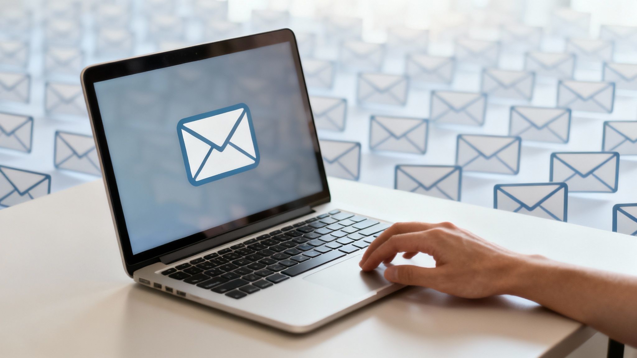 Laptop screen shows an email icon, a hand on the trackpad, surrounded by many email symbols.