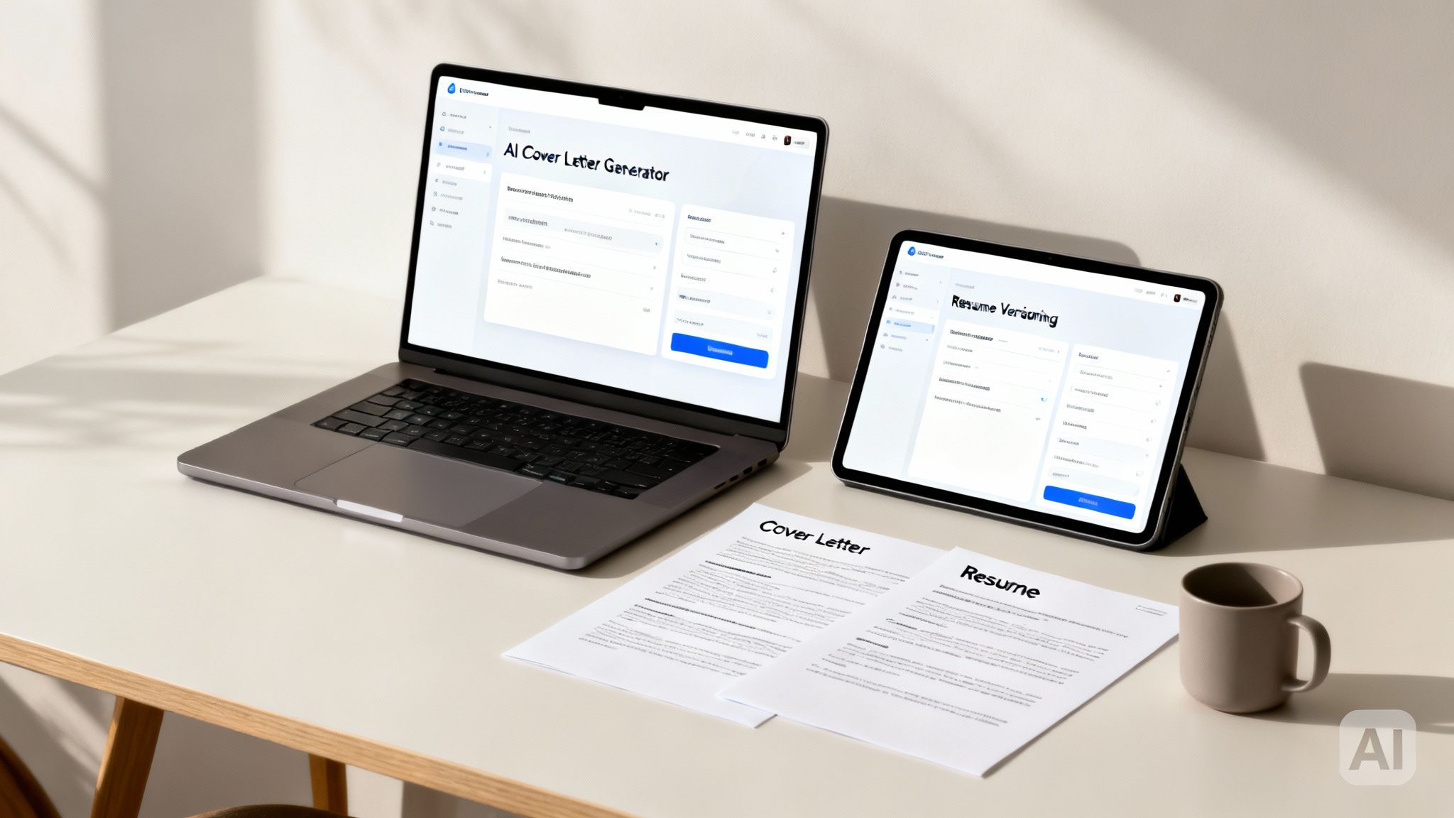 A laptop and tablet display AI tools for cover letter and resume generation, with printed documents and a mug.