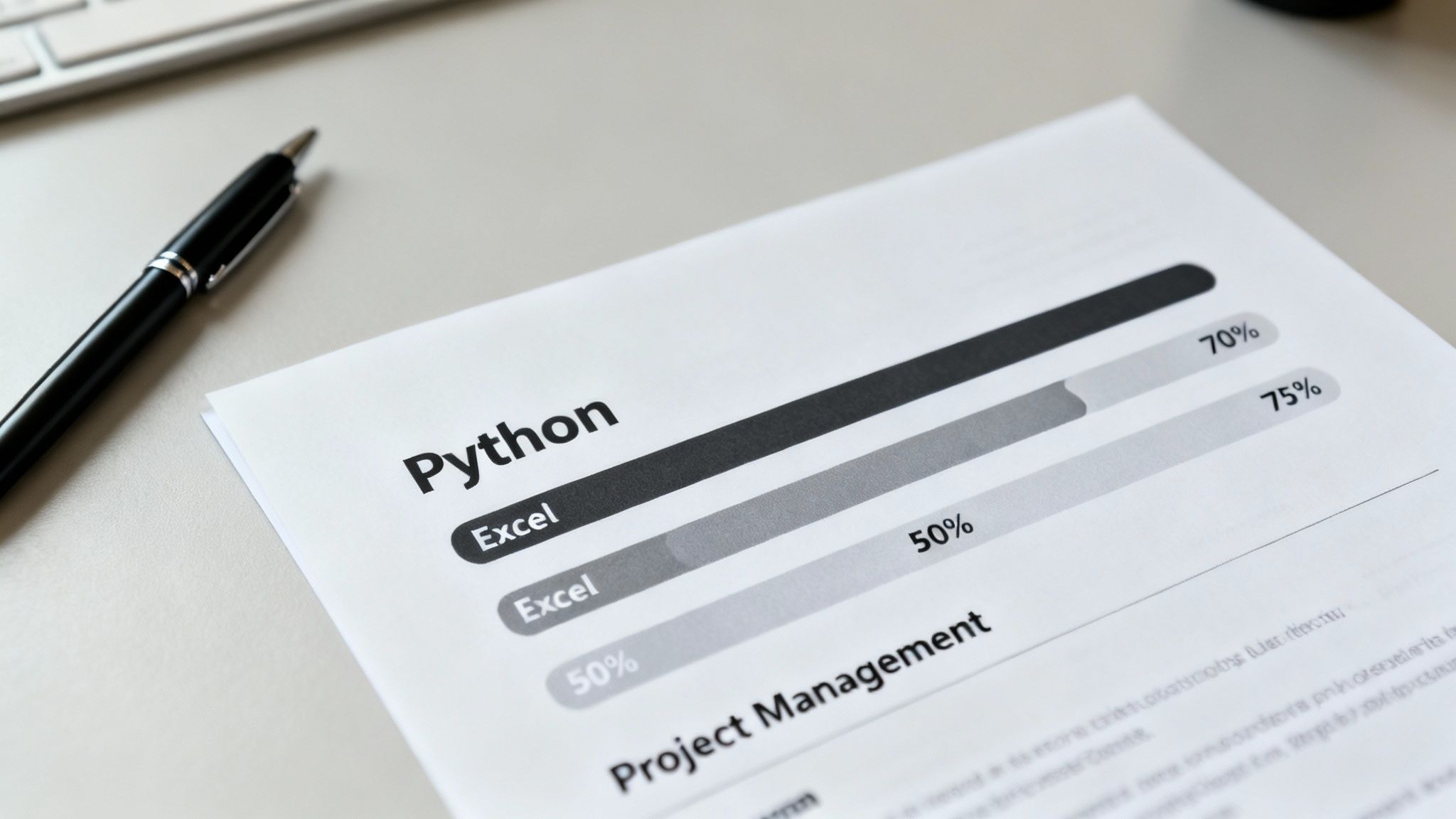 Skills chart showing Python, Excel, and Project Management proficiency percentages on professional resume document