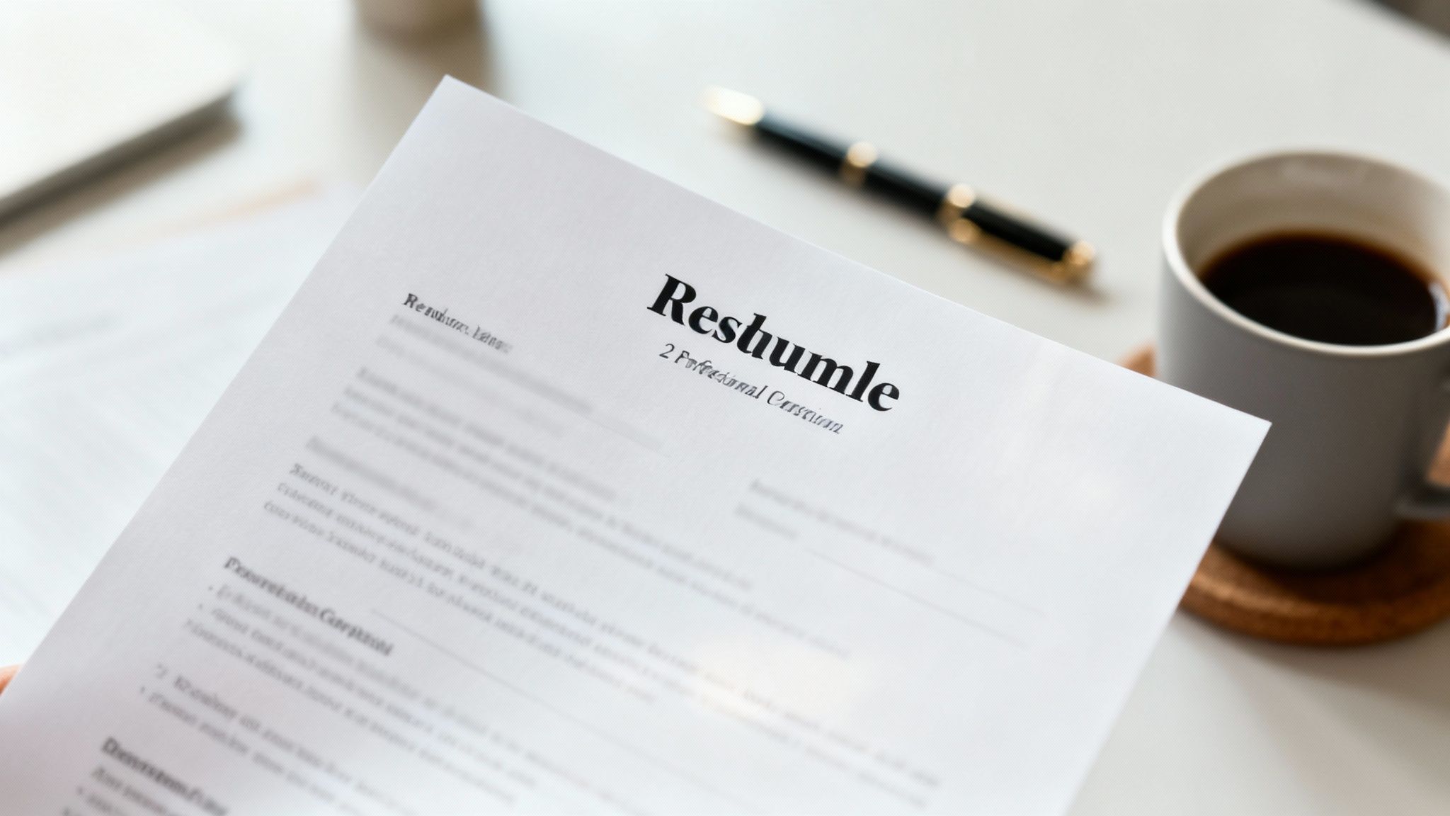 A person holds a professional resume document titled 'Reshumle' on a desk with a pen and coffee cup.