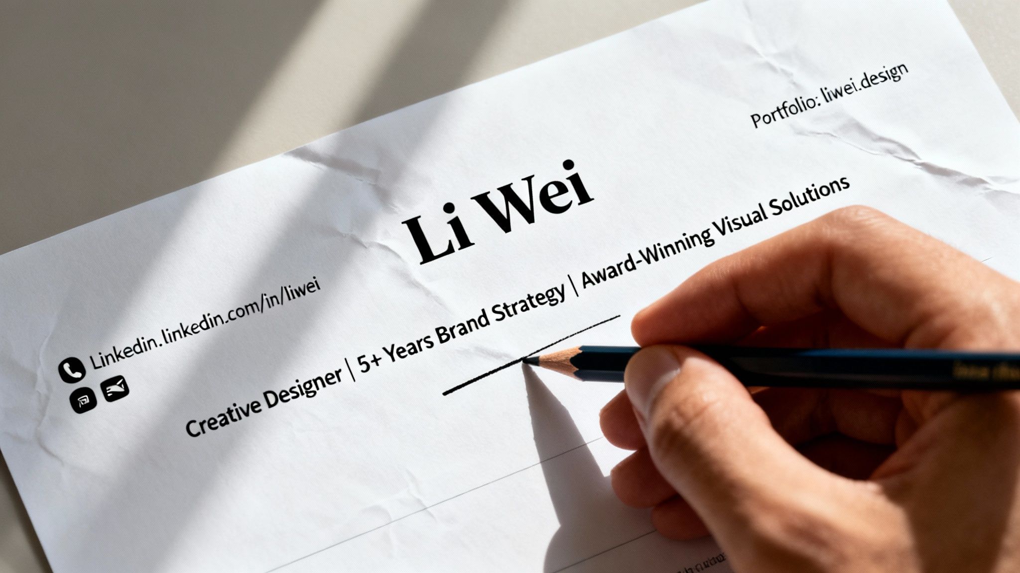 Close-up of a hand writing on a creative designer's resume with contact and portfolio details.