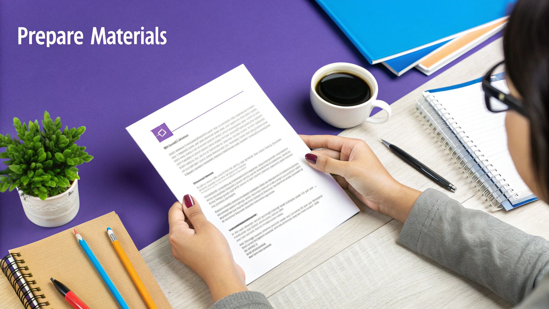A person at a desk carefully reviewing and editing their resume and cover letter for an internship application.