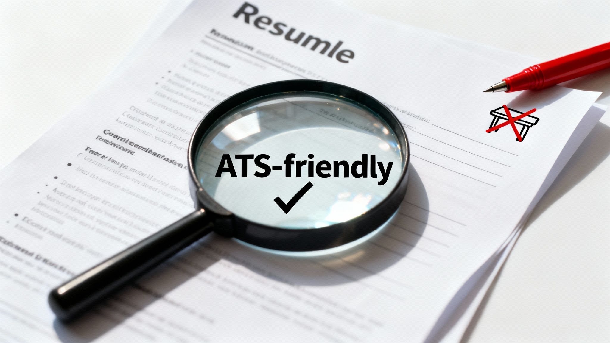A magnifying glass on a resume highlights 'ATS-friendly' with a checkmark, next to a red pen.
