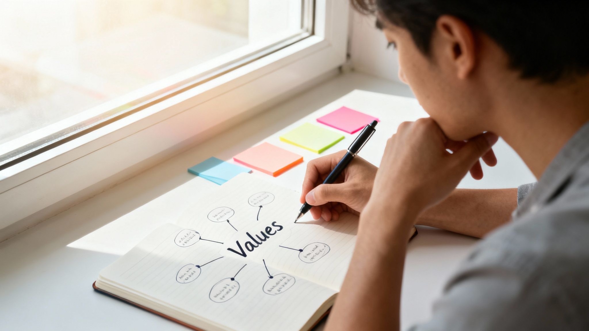 A person writes 'Values' in a notebook, creating a mind map for self-reflection and planning.