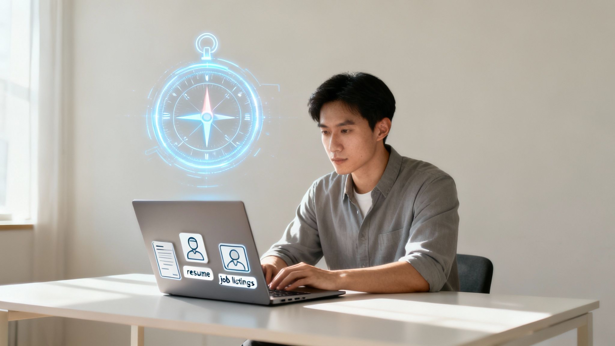 Young man uses a laptop with AI job search tools, featuring a digital compass.