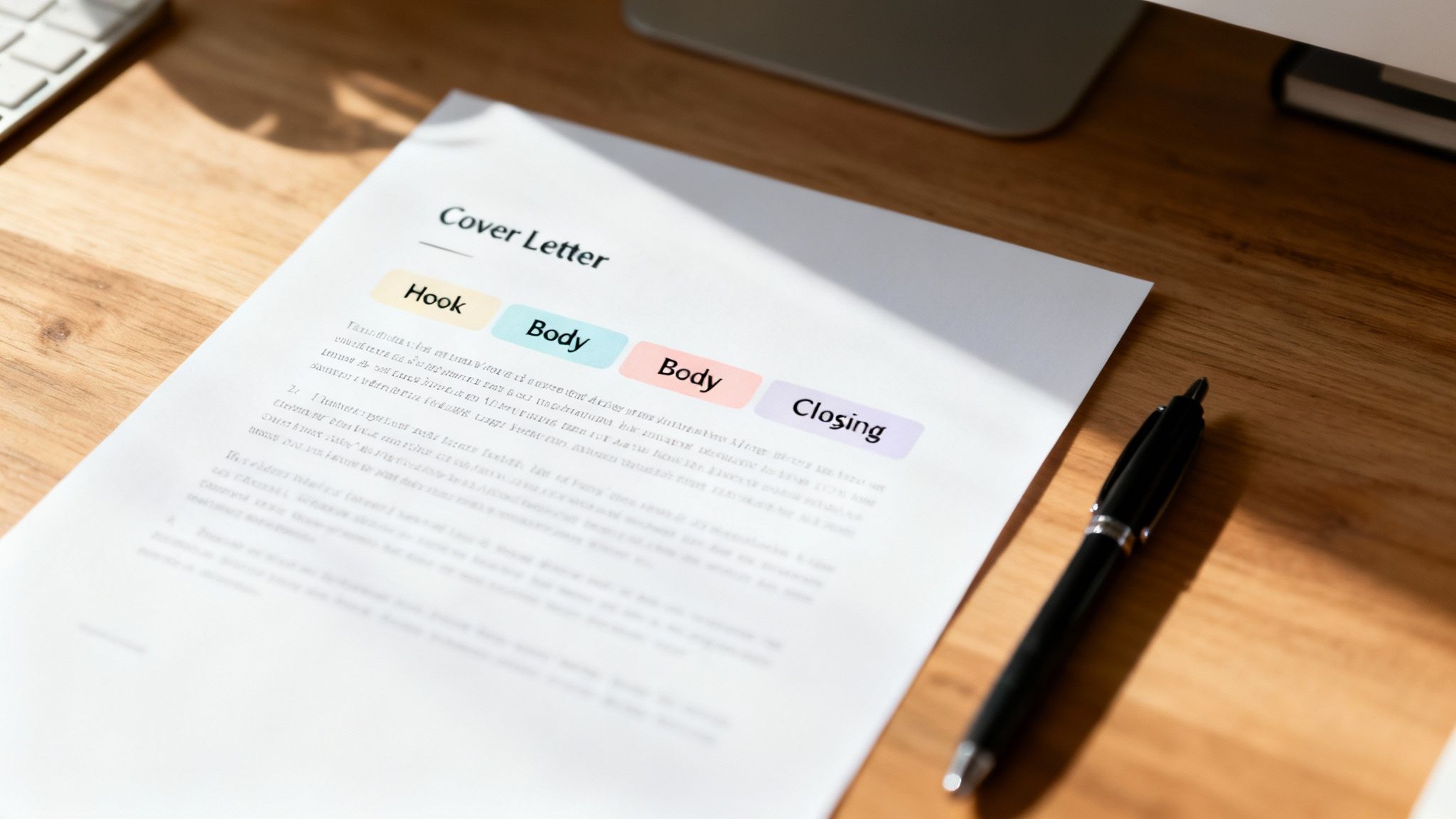 A cover letter document on a wooden desk, highlighting sections like Hook, Body, and Closing with colorful tabs.