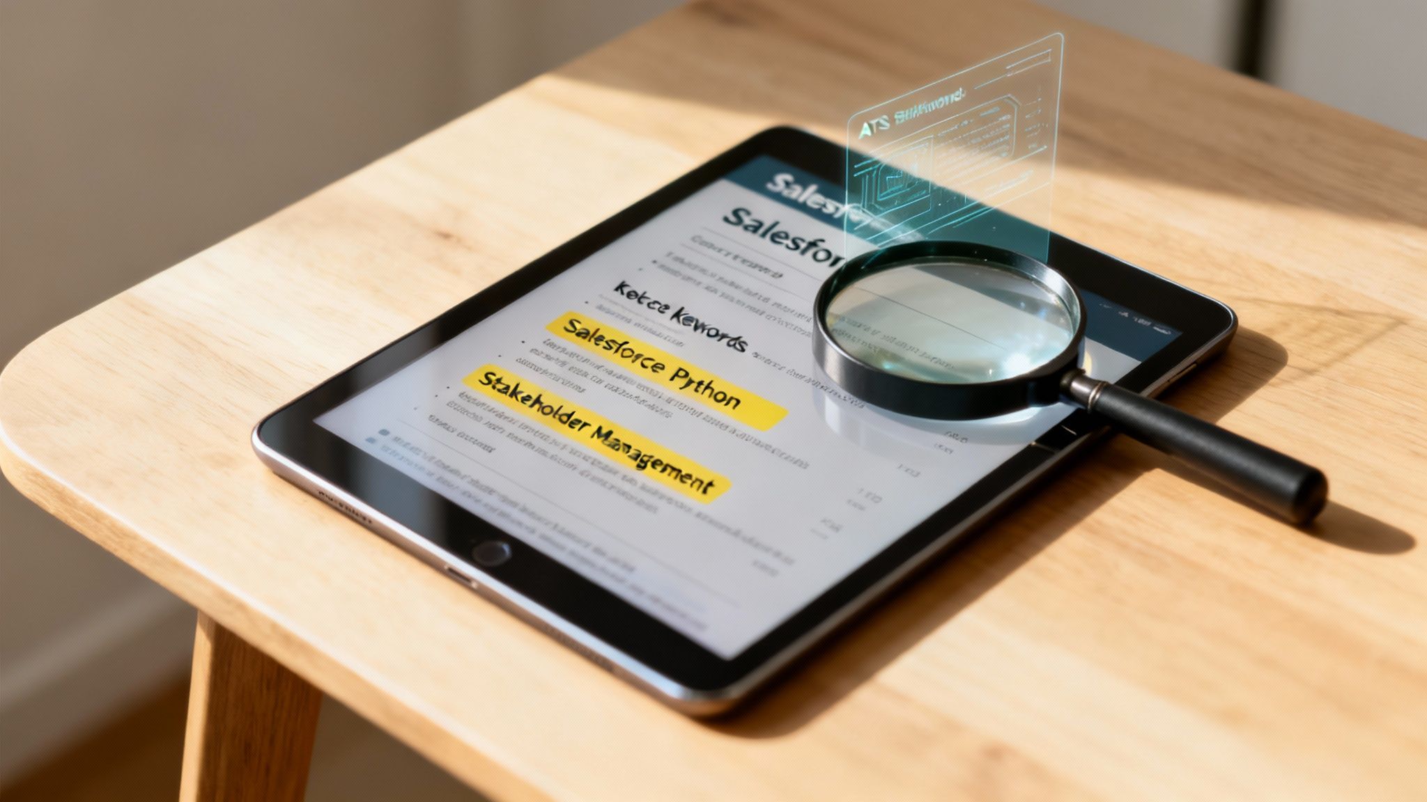Tablet showing a resume with highlighted keywords 'Salesforce Python' and 'Stakeholder Management', with a magnifying glass and ATS interface.