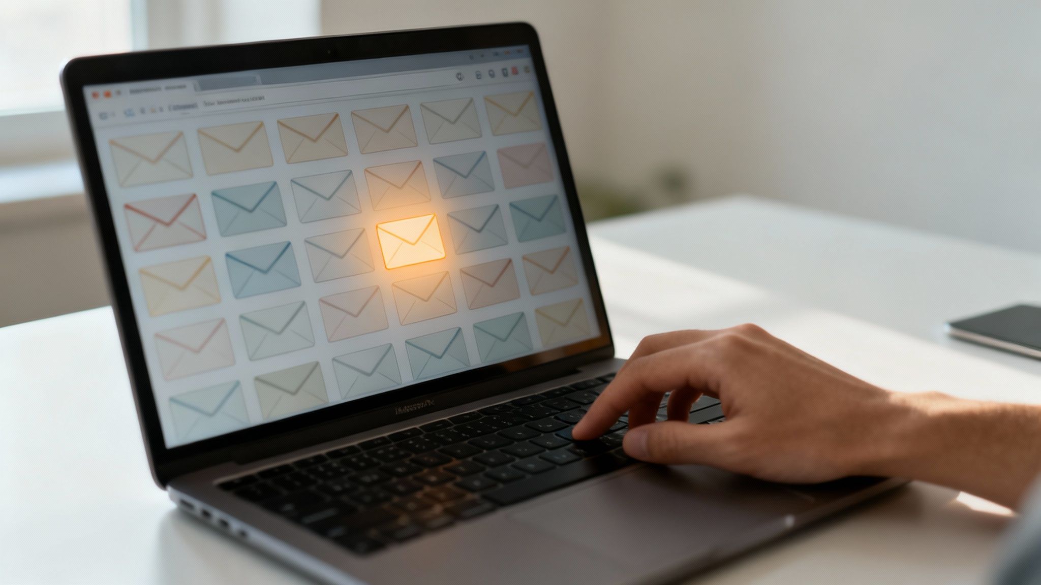 Close-up of a hand typing on a laptop with a glowing email icon on the screen.