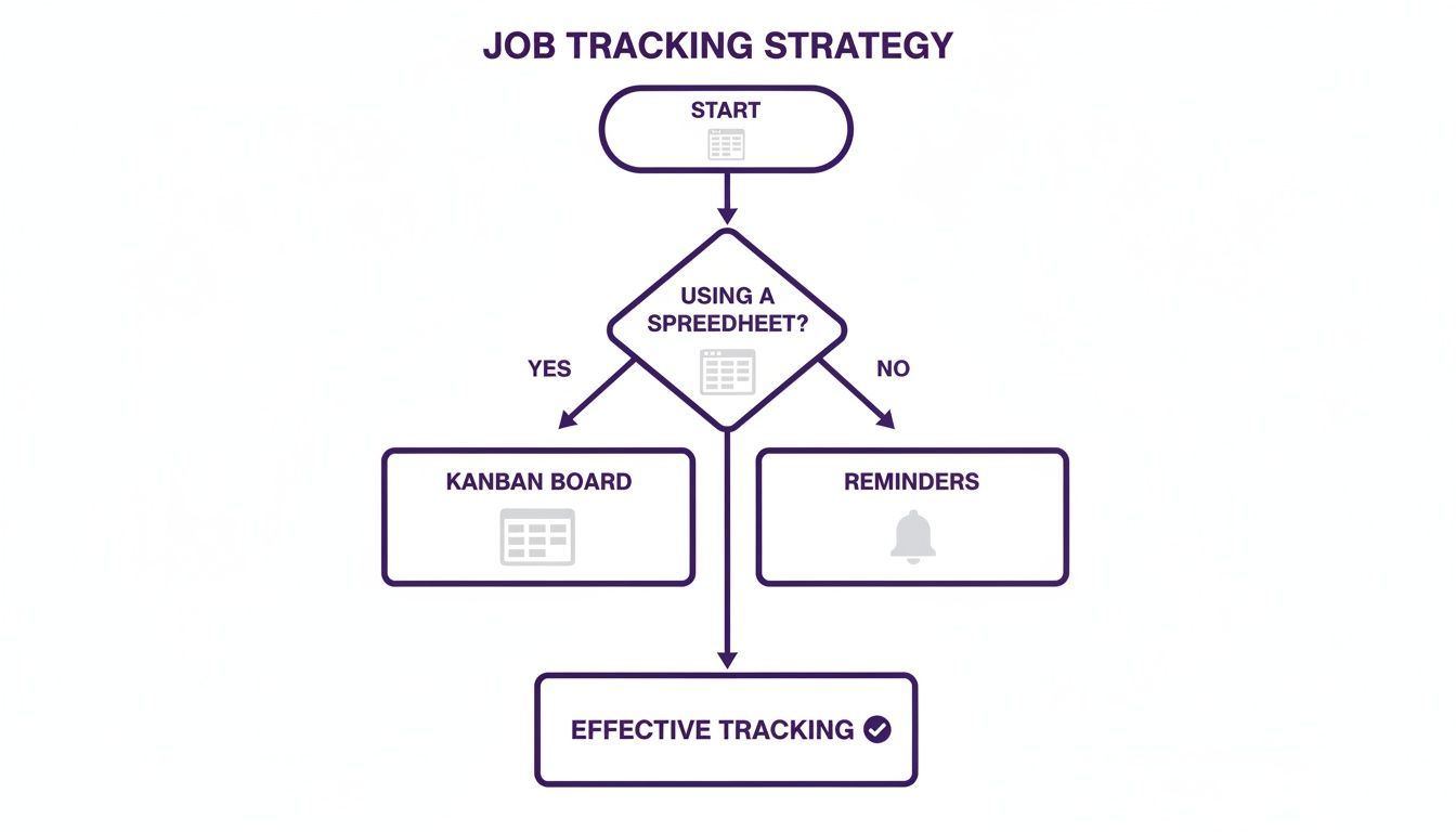 A flowchart illustrates a job tracking strategy, guiding from start through spreadsheet options to effective tracking.