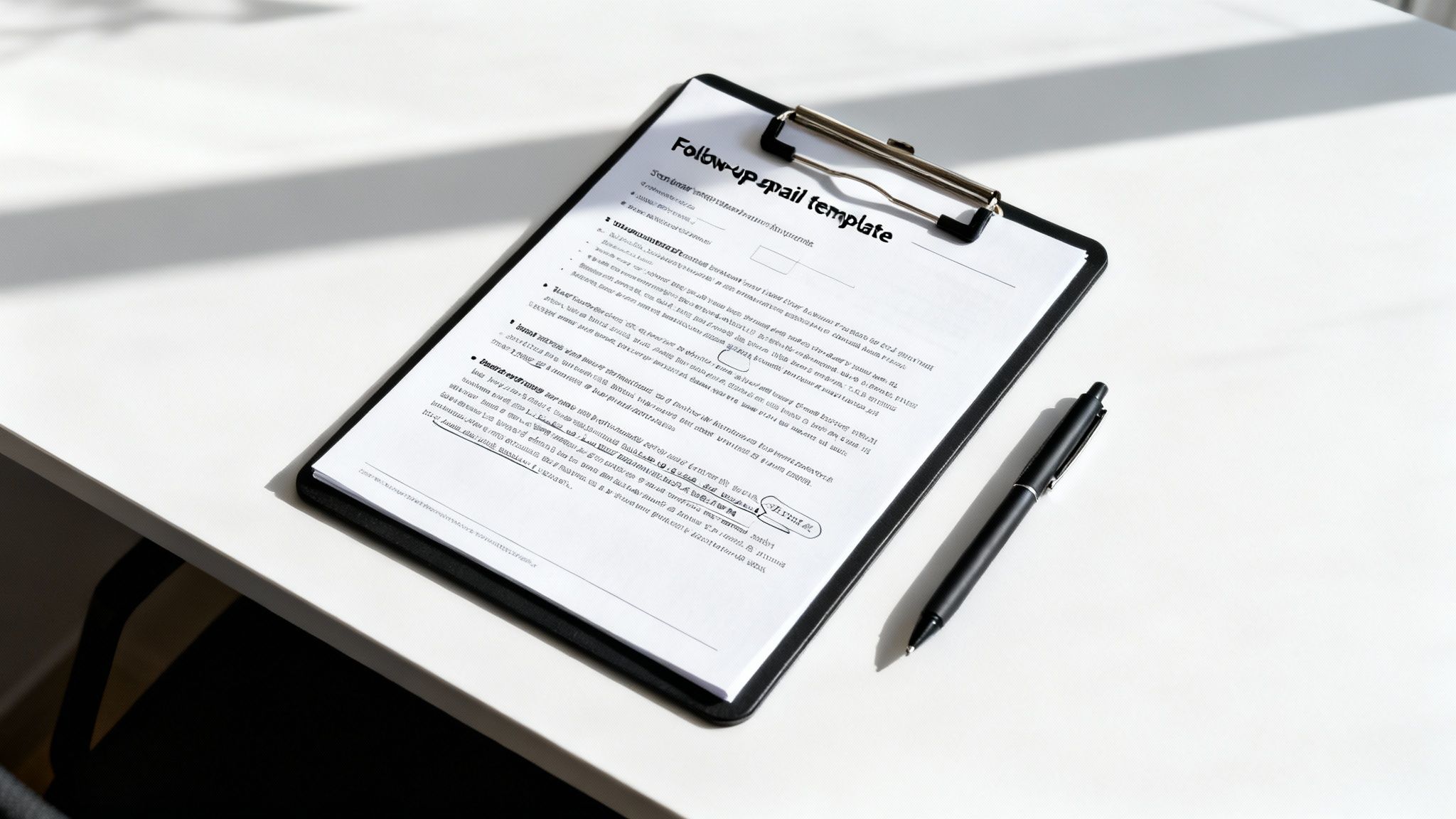 A document titled 'Follow-up email template' on a clipboard with a black pen on a white desk.
