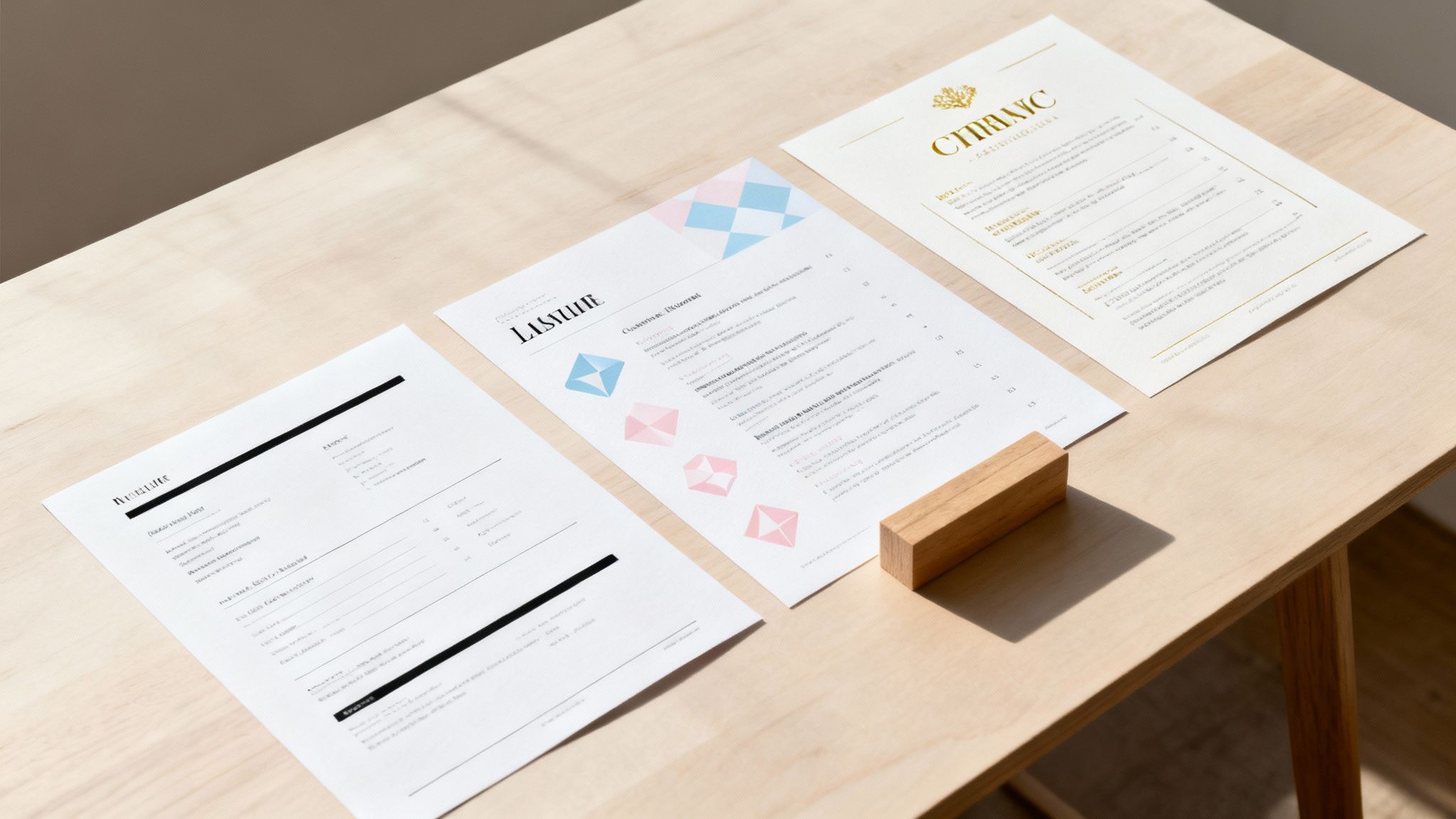 Three distinct documents, including a resume and menus, laid out on a light wooden table.