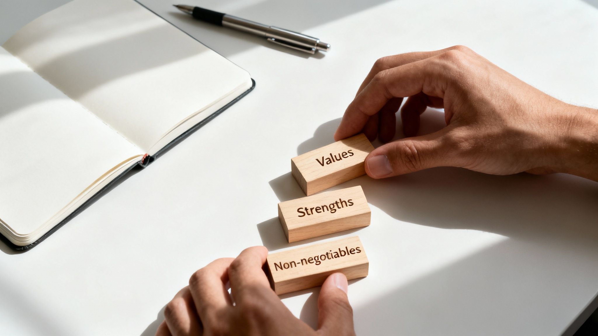 Hands arranging wooden blocks labeled 'Values', 'Strengths', and 'Non-negotiables' on a white desk next to an open notebook and pen.