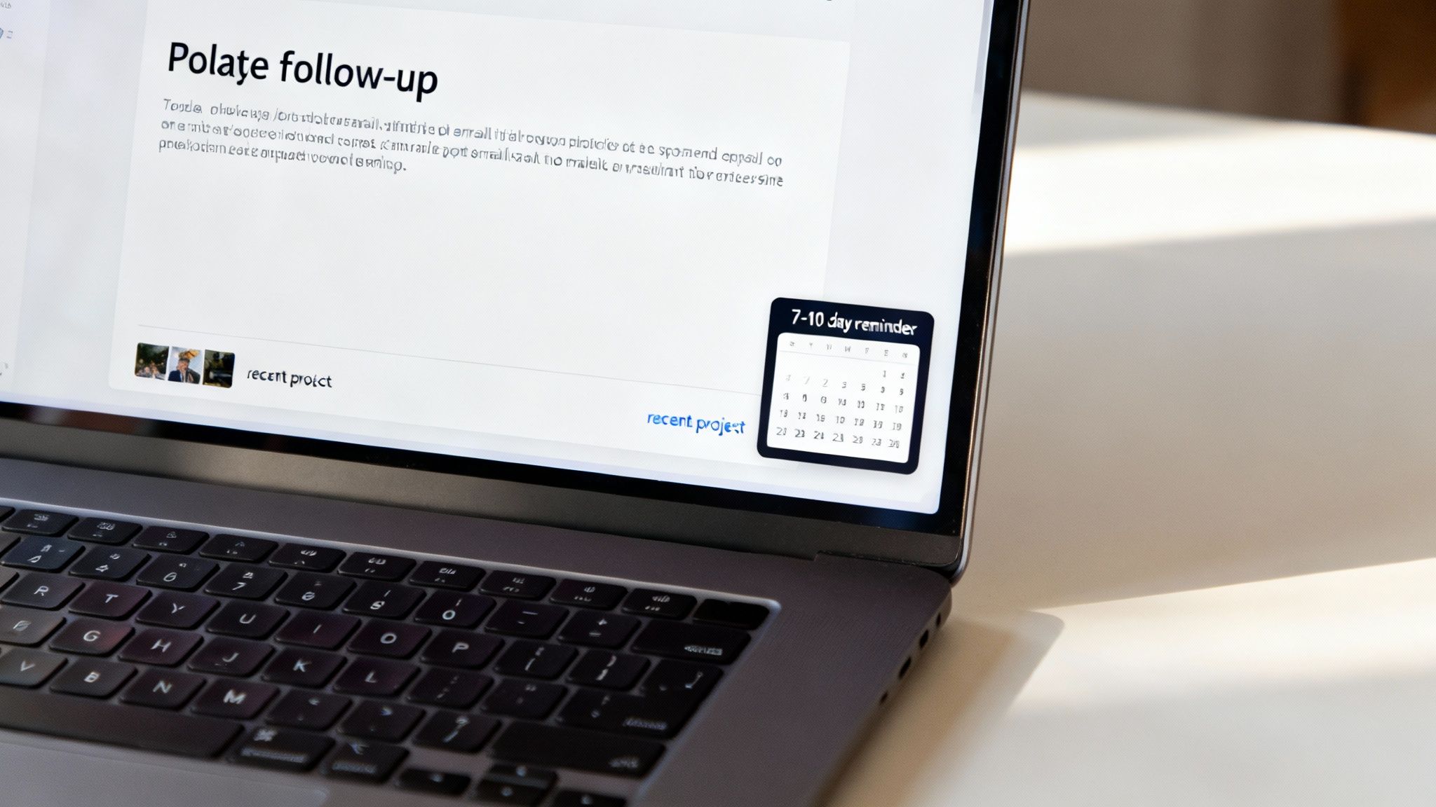 A laptop screen displays 'Polate follow-up' text, recent projects, and a '7-10 day reminder' calendar overlay.