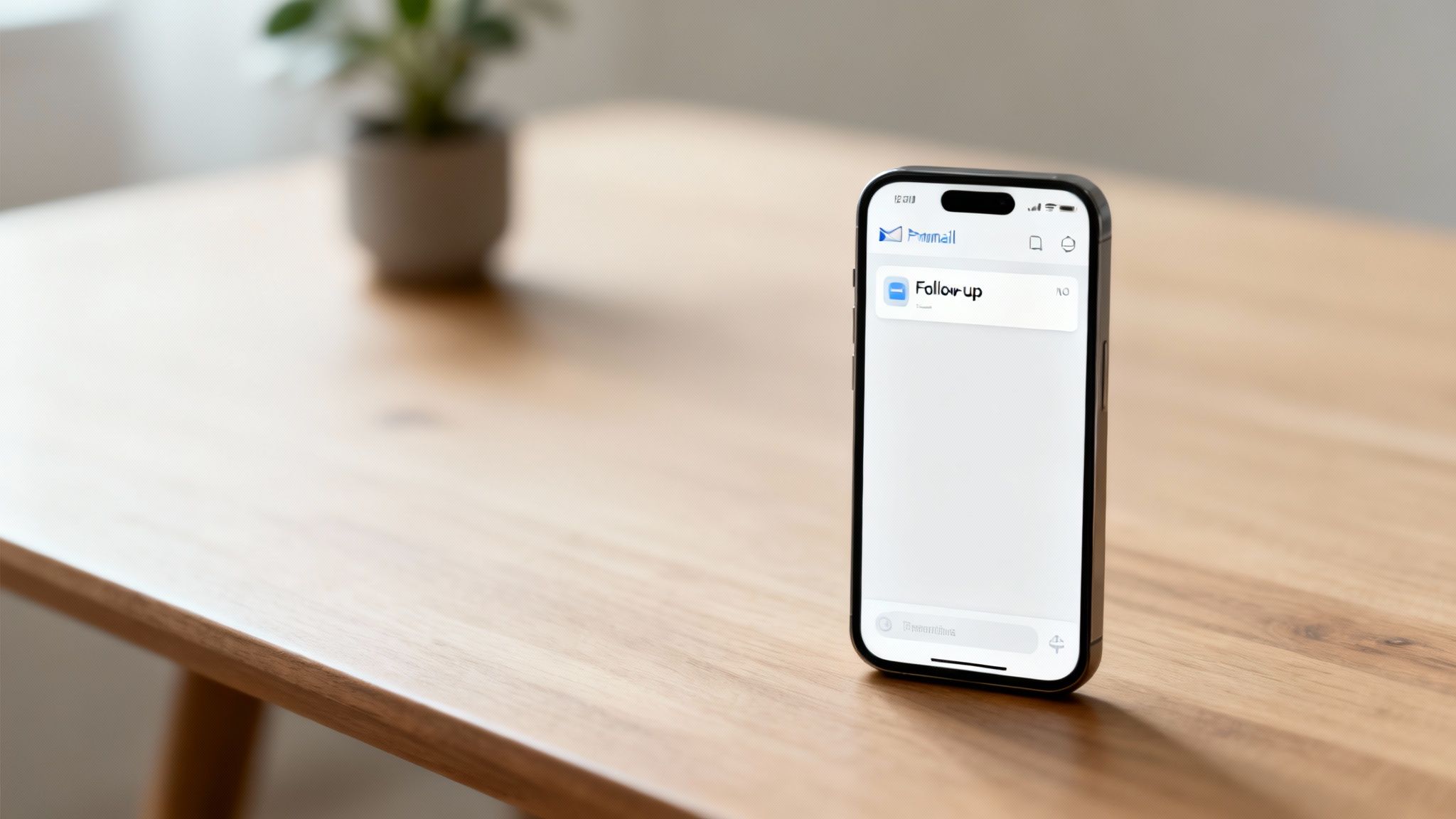 A black smartphone displays a 'Follow-up' email on its screen, standing on a wooden table.