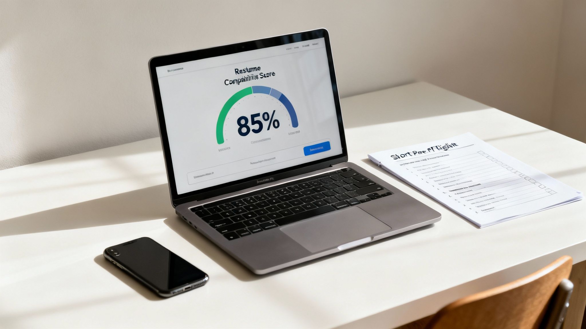 A laptop displaying an 85% resume compatibility score, a phone, and a checklist on a white desk.
