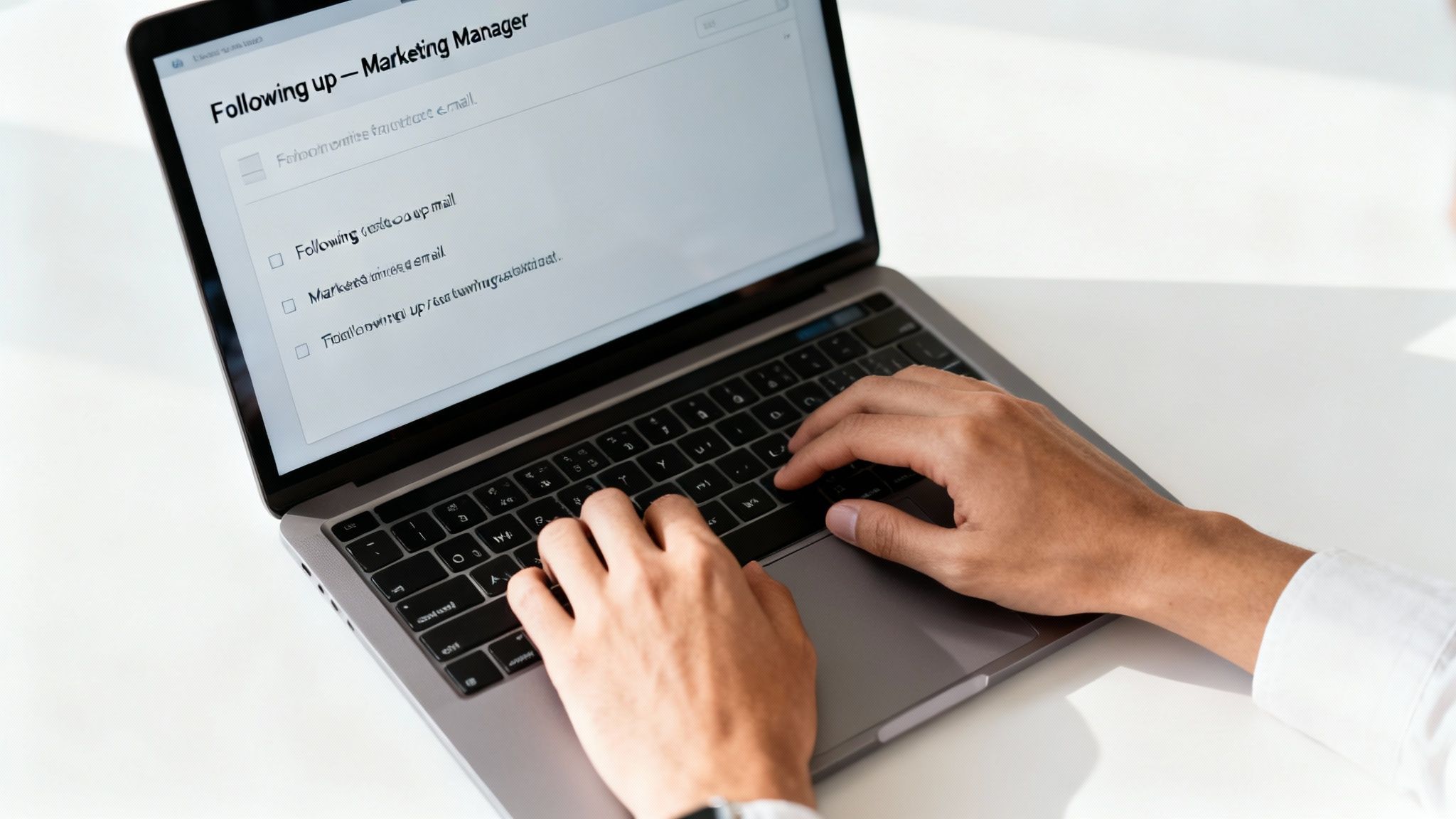 Hands typing on a laptop keyboard with a screen showing 'Following up — Marketing Manager' tasks.