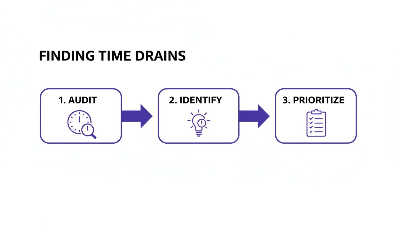 A visual guide illustrating three steps for finding time drains: audit, identify, and prioritize.