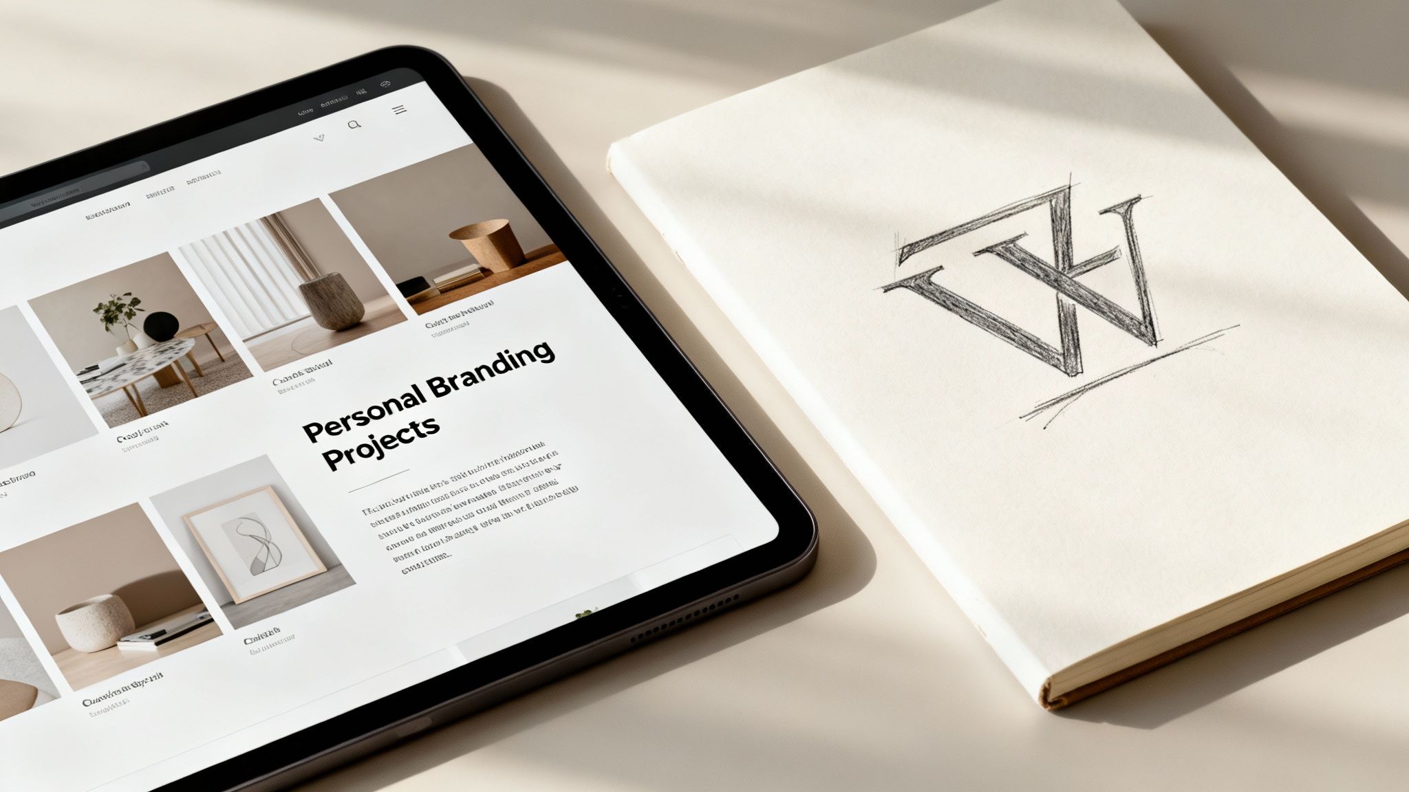 A tablet displays a 'Personal Branding Projects' website next to a sketchbook with a hand-drawn monogram.