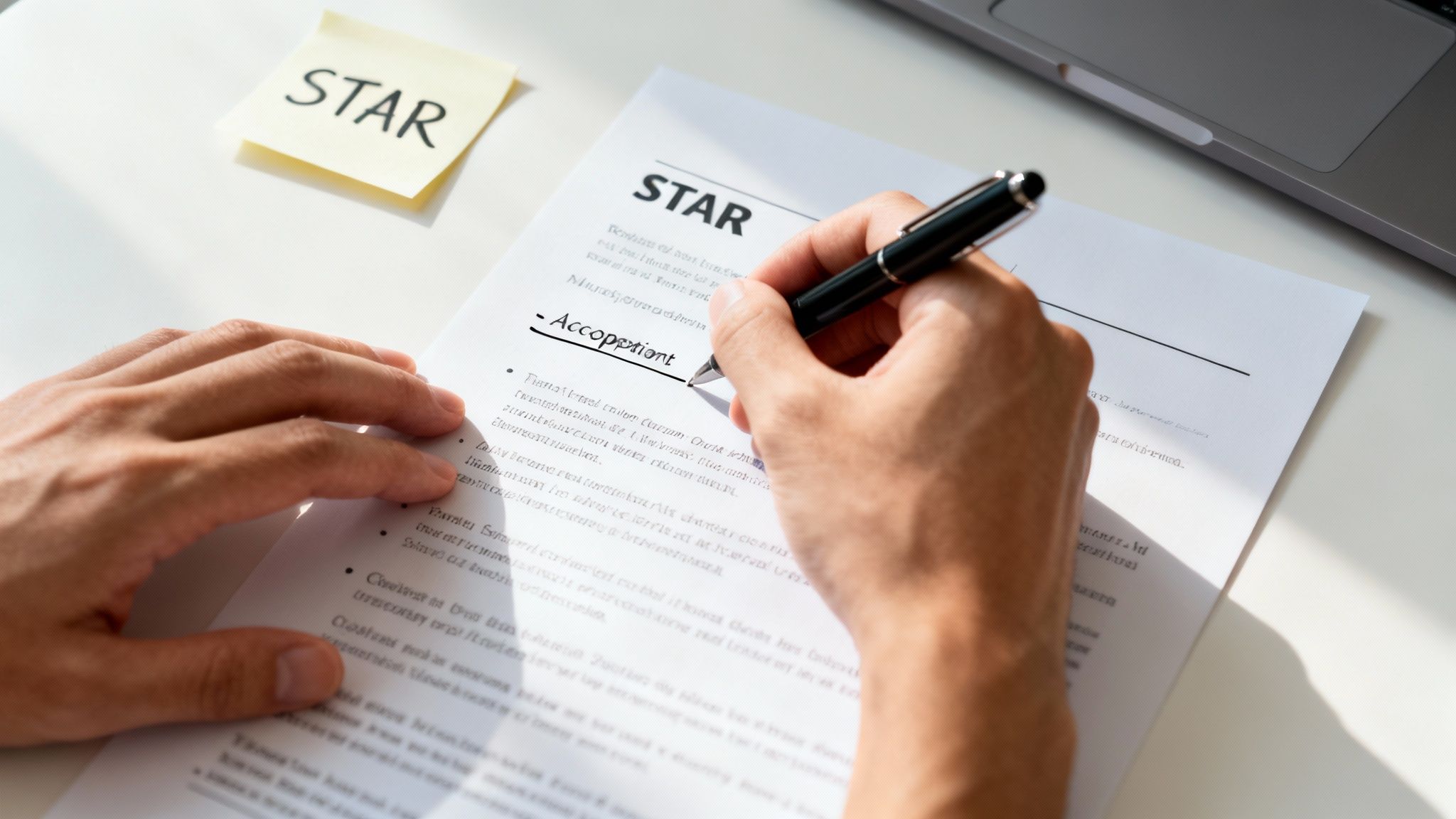 Close-up of hands writing on a 'STAR' method resume document with a pen on a desk.