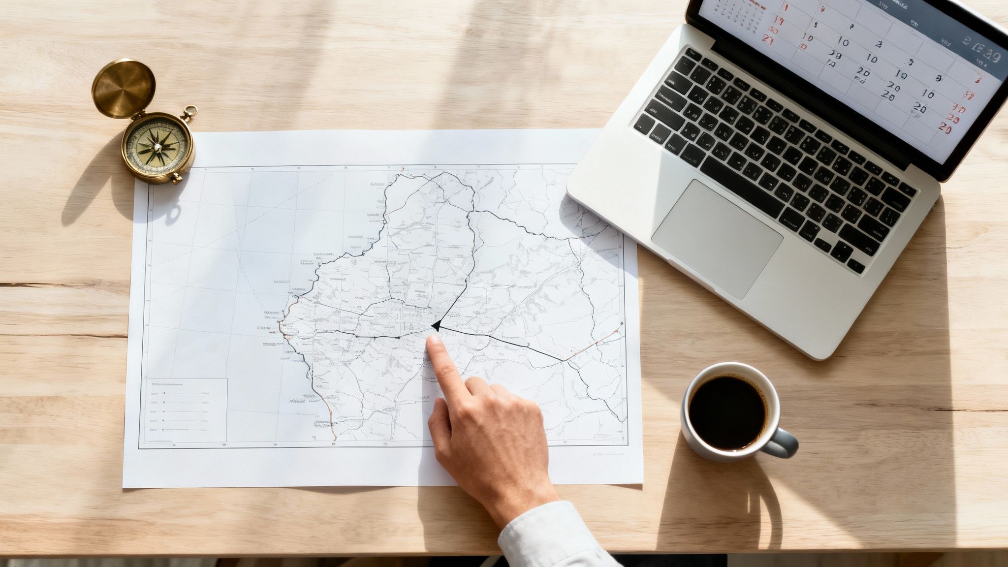 Overhead shot of a hand pointing at a map on a desk with a laptop, compass, and coffee.